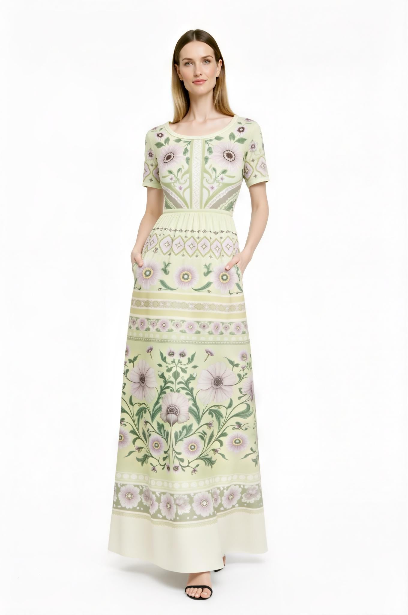 Ivory Floral Maxi Dress with Short Sleeves and Border Print A-Line Silhouette __etsy:7719124770
