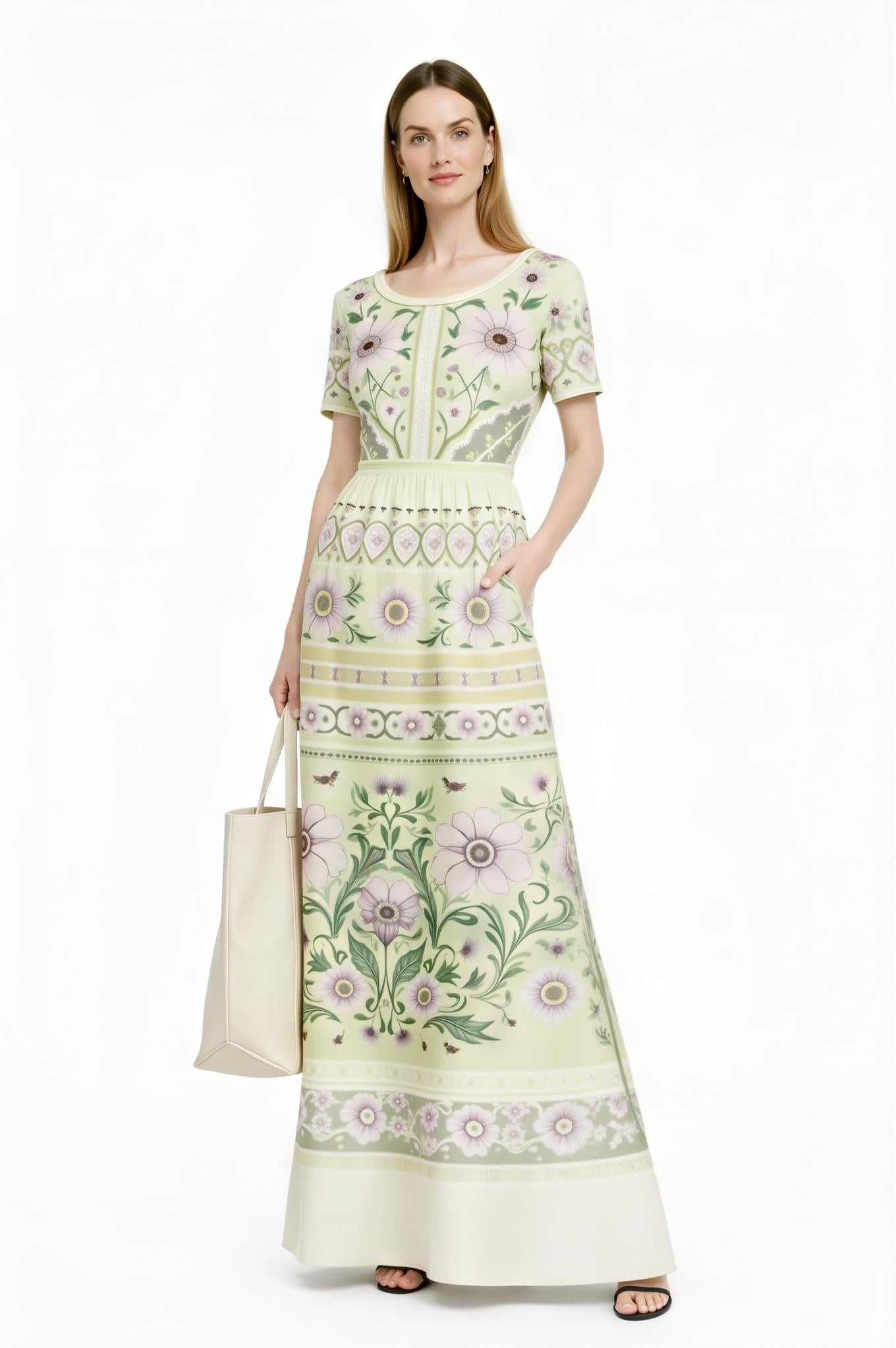 Ivory Floral Maxi Dress with Short Sleeves and Border Print A-Line Silhouette __etsy:7719124774