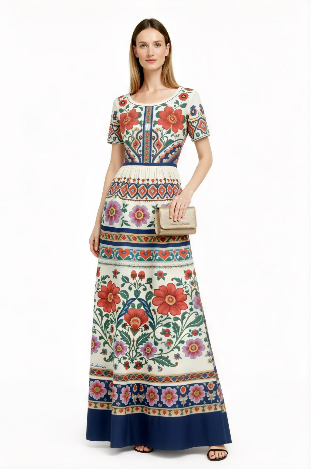 Ivory Floral Maxi Dress with Short Sleeves and Border Print A-Line Silhouette __etsy:7719124776