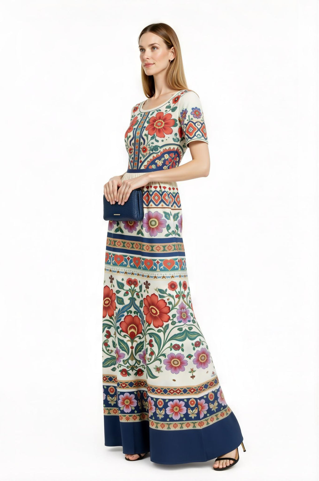 Ivory Floral Maxi Dress with Short Sleeves and Border Print A-Line Silhouette __etsy:7719124778