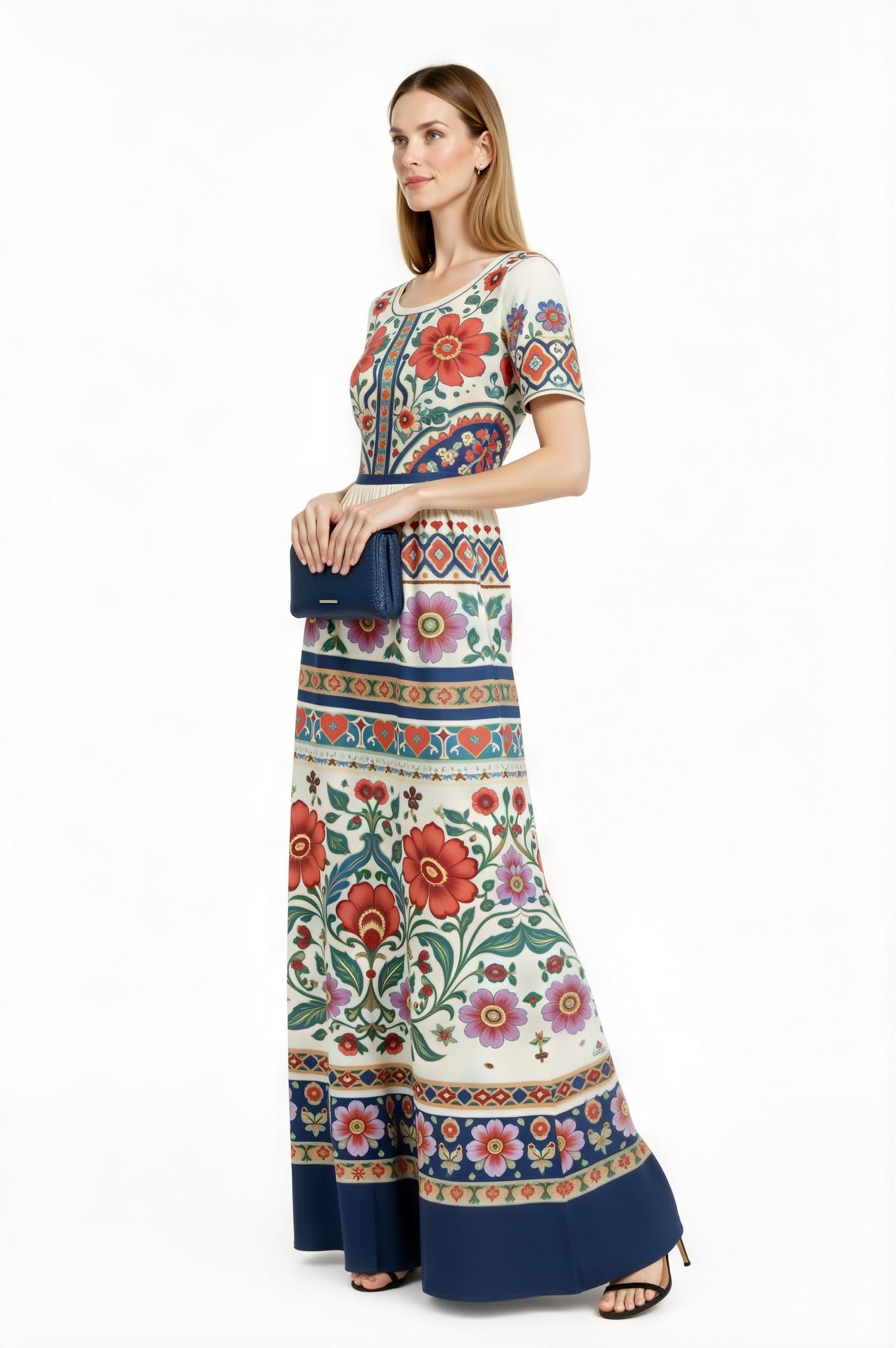 Ivory Floral Maxi Dress with Short Sleeves and Border Print A-Line Silhouette __etsy:7719124778