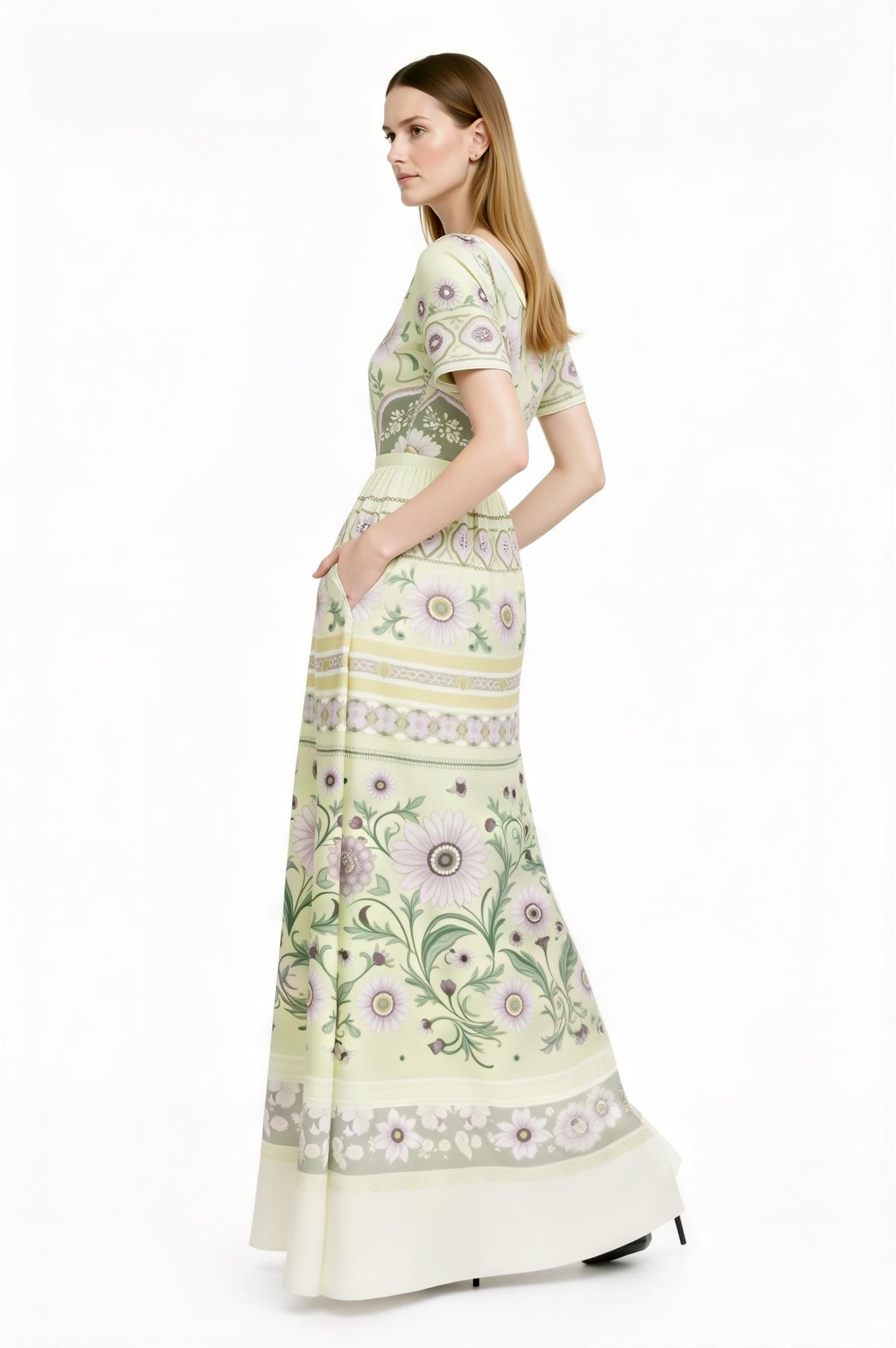 Ivory Floral Maxi Dress with Short Sleeves and Border Print A-Line Silhouette __etsy:7719124902