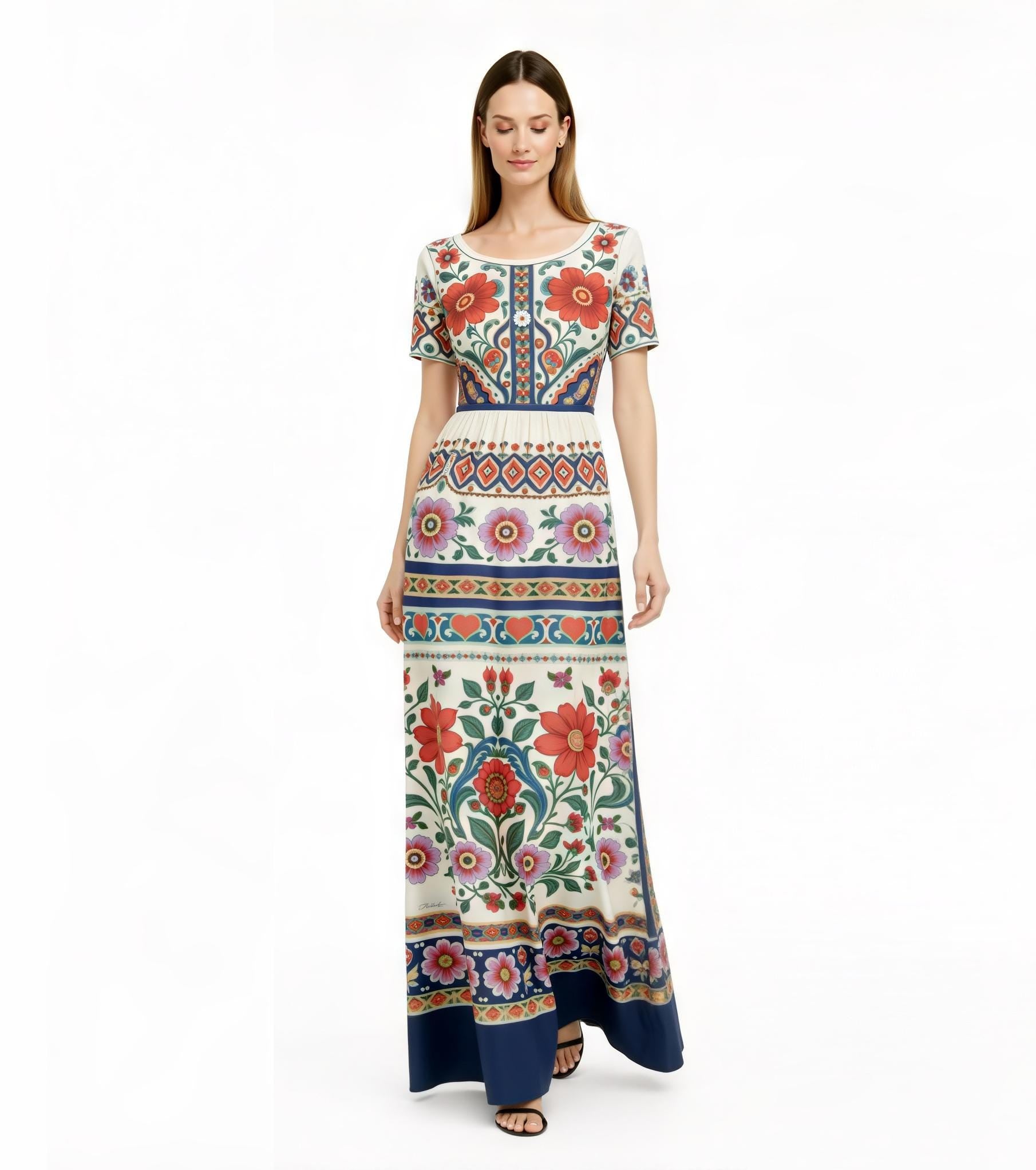Ivory Floral Maxi Dress with Short Sleeves and Border Print A-Line Silhouette __etsy:7719129924