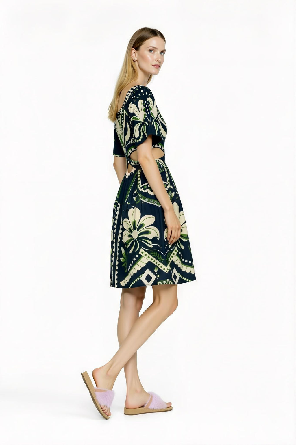 Navy Floral Mini Dress, Cutout Waist, Vintage Botanical Print __etsy:7719847770