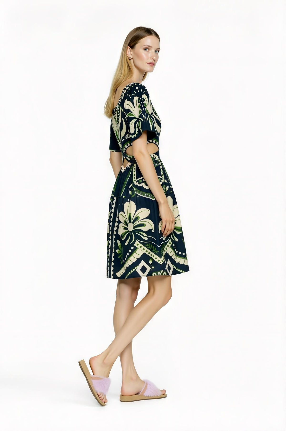 Navy Floral Mini Dress, Cutout Waist, Vintage Botanical Print __etsy:7719847770