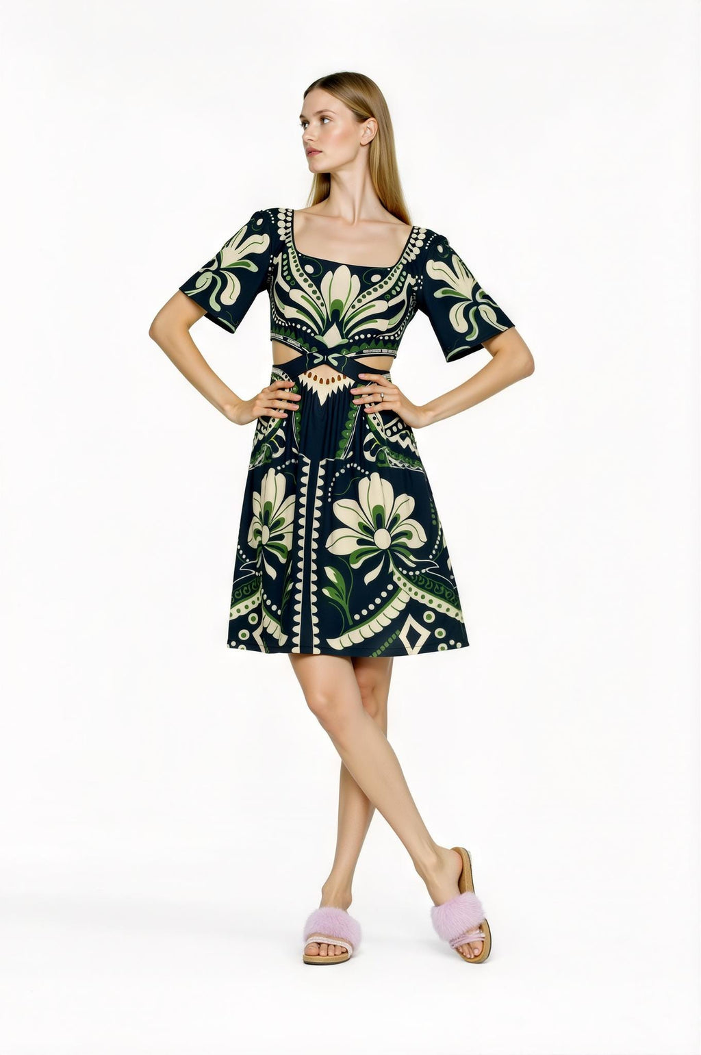 Navy Floral Mini Dress, Cutout Waist, Vintage Botanical Print __etsy:7719847776