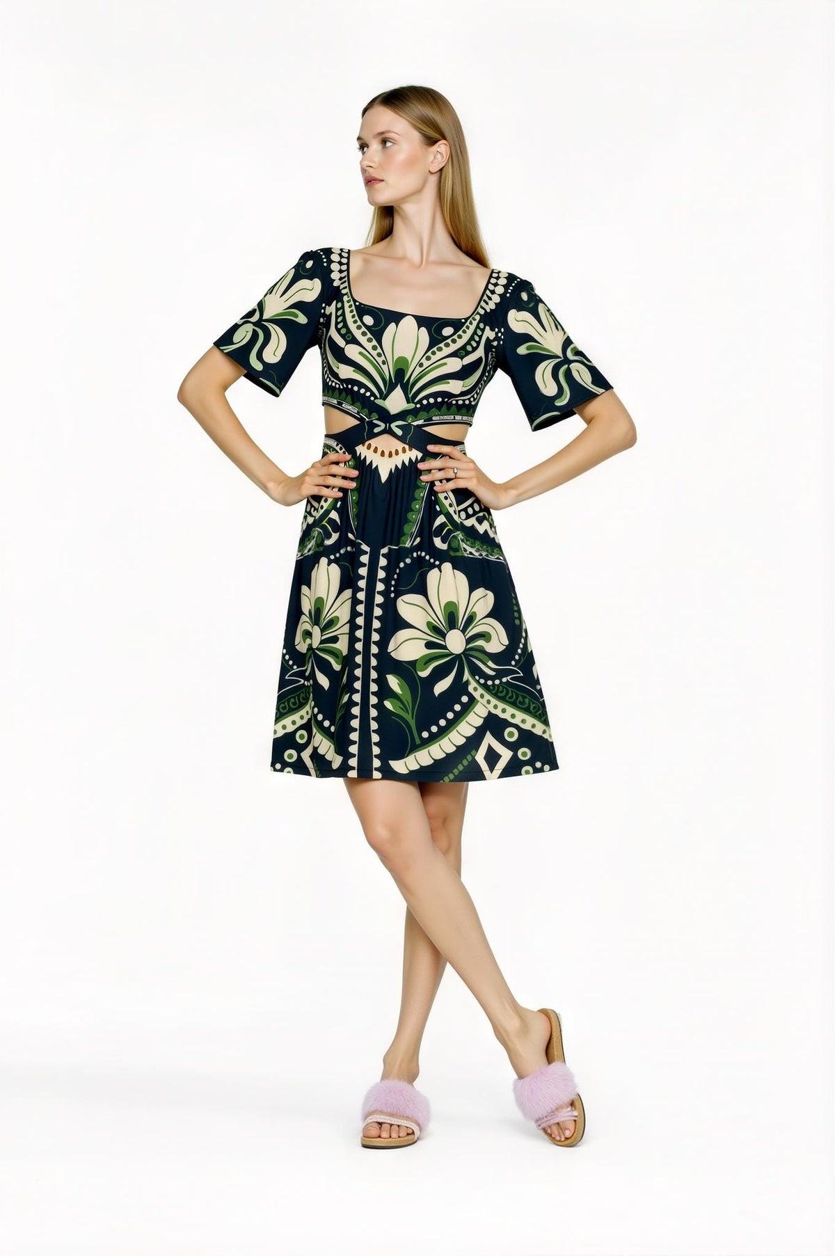Navy Floral Mini Dress, Cutout Waist, Vintage Botanical Print __etsy:7719847776