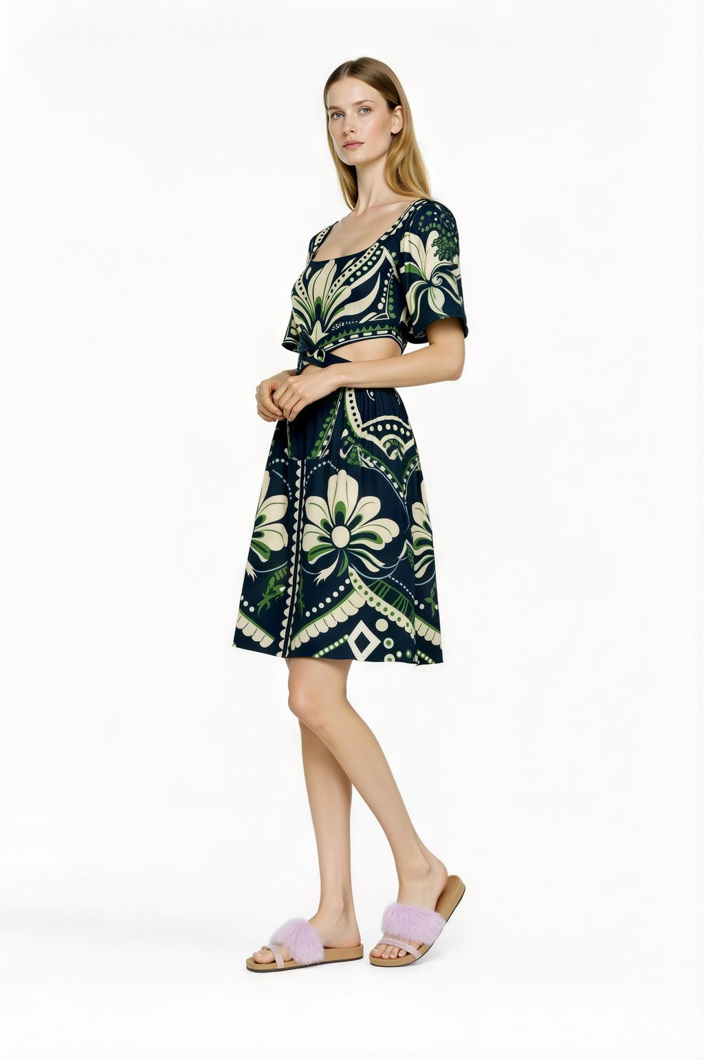 Navy Floral Mini Dress, Cutout Waist, Vintage Botanical Print __etsy:7719847778