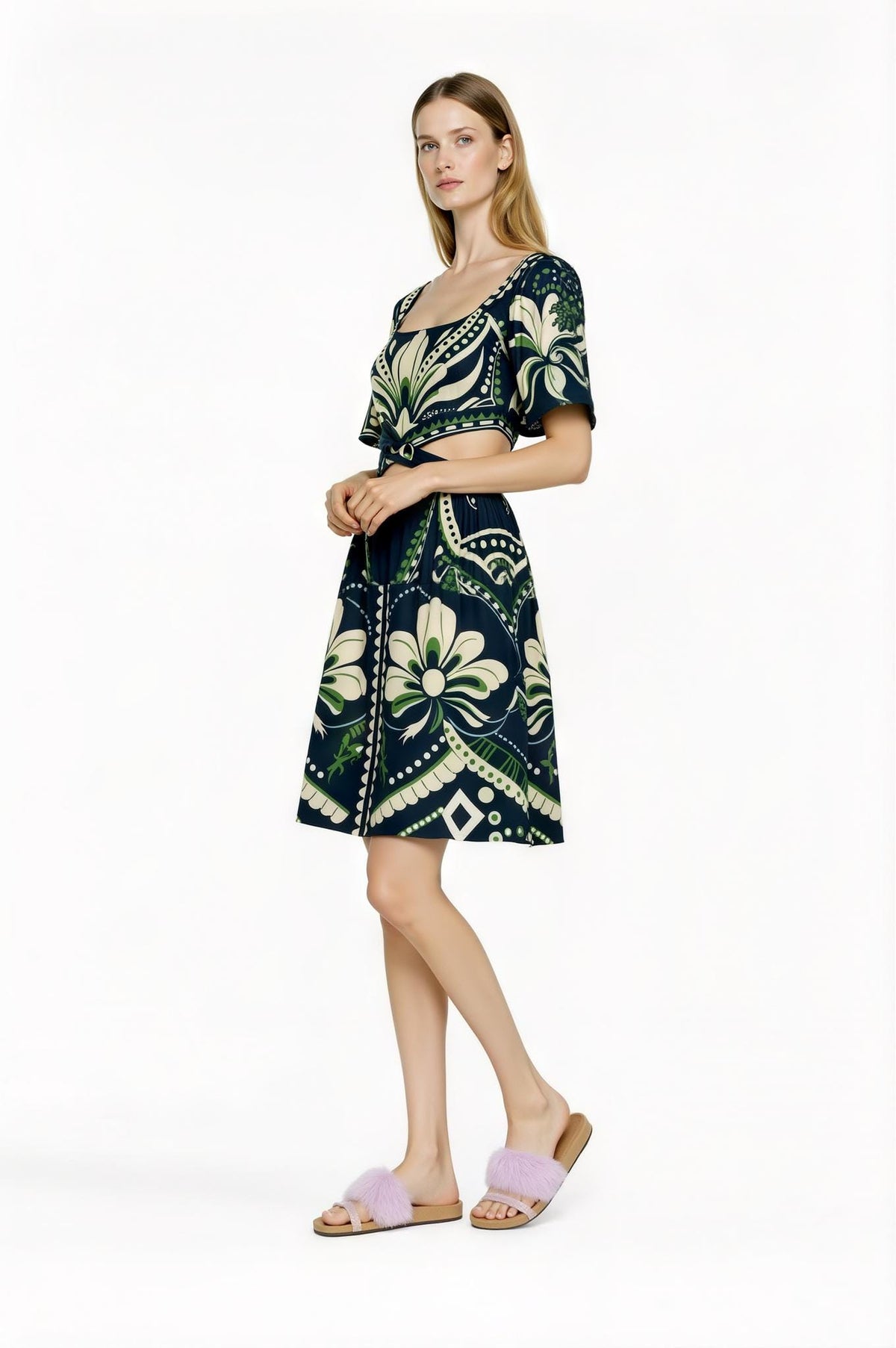 Navy Floral Mini Dress, Cutout Waist, Vintage Botanical Print __etsy:7719847778