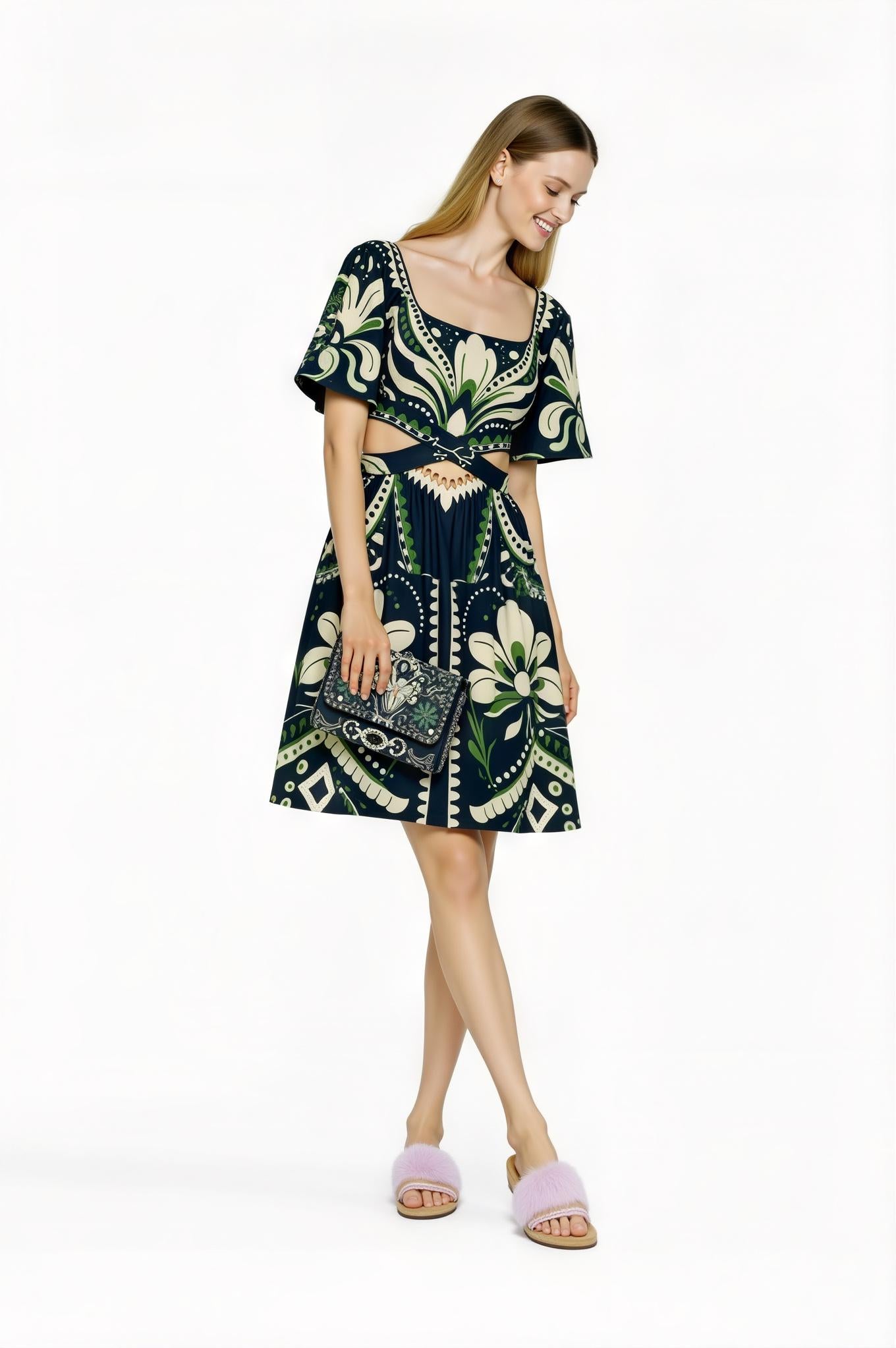 Navy Floral Mini Dress, Cutout Waist, Vintage Botanical Print __etsy:7719847780