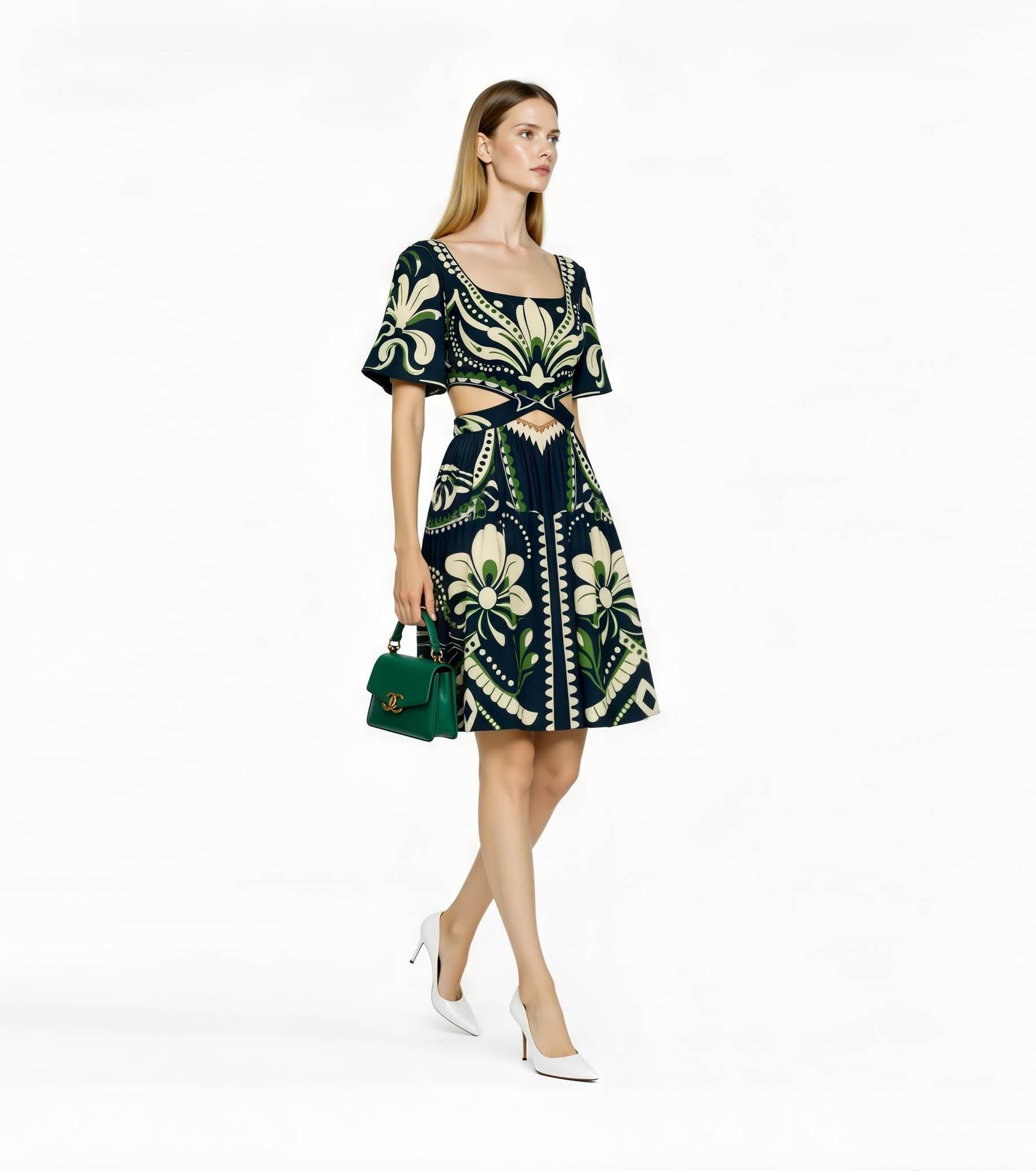 Navy Floral Mini Dress, Cutout Waist, Vintage Botanical Print __etsy:7719922852