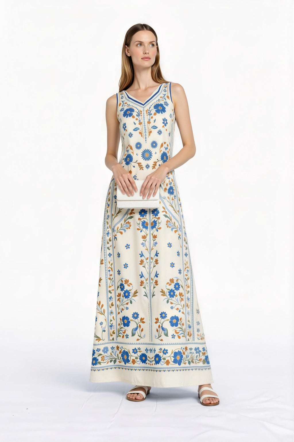 Blue Floral Maxi Dress, Vintage Botanical Print, Sleeveless A-Line with Pockets __etsy:7723290624