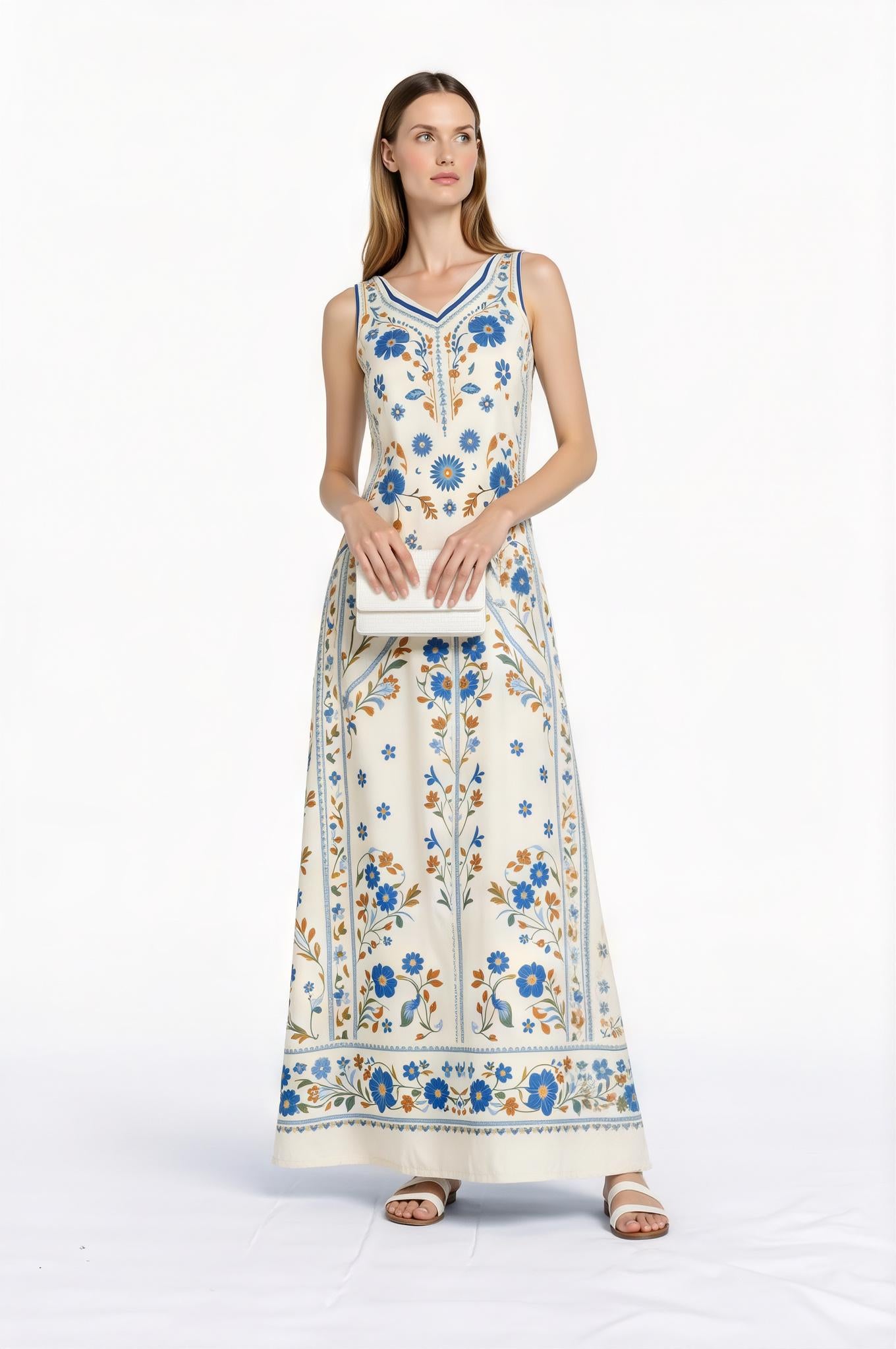 Blue Floral Maxi Dress, Vintage Botanical Print, Sleeveless A-Line with Pockets __etsy:7723290624