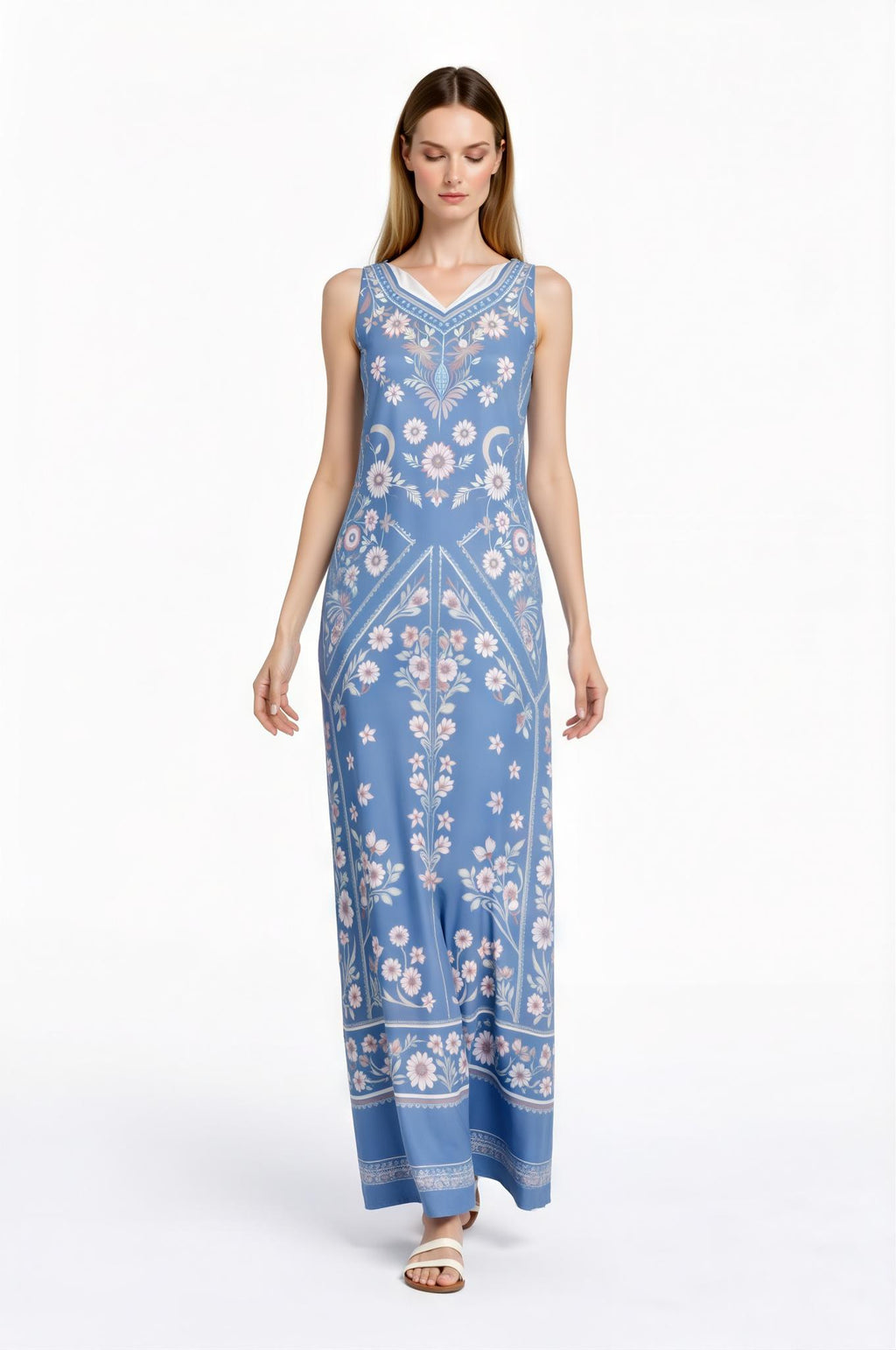 Blue Floral Maxi Dress, Vintage Botanical Print, Sleeveless A-Line with Pockets __etsy:7723290626