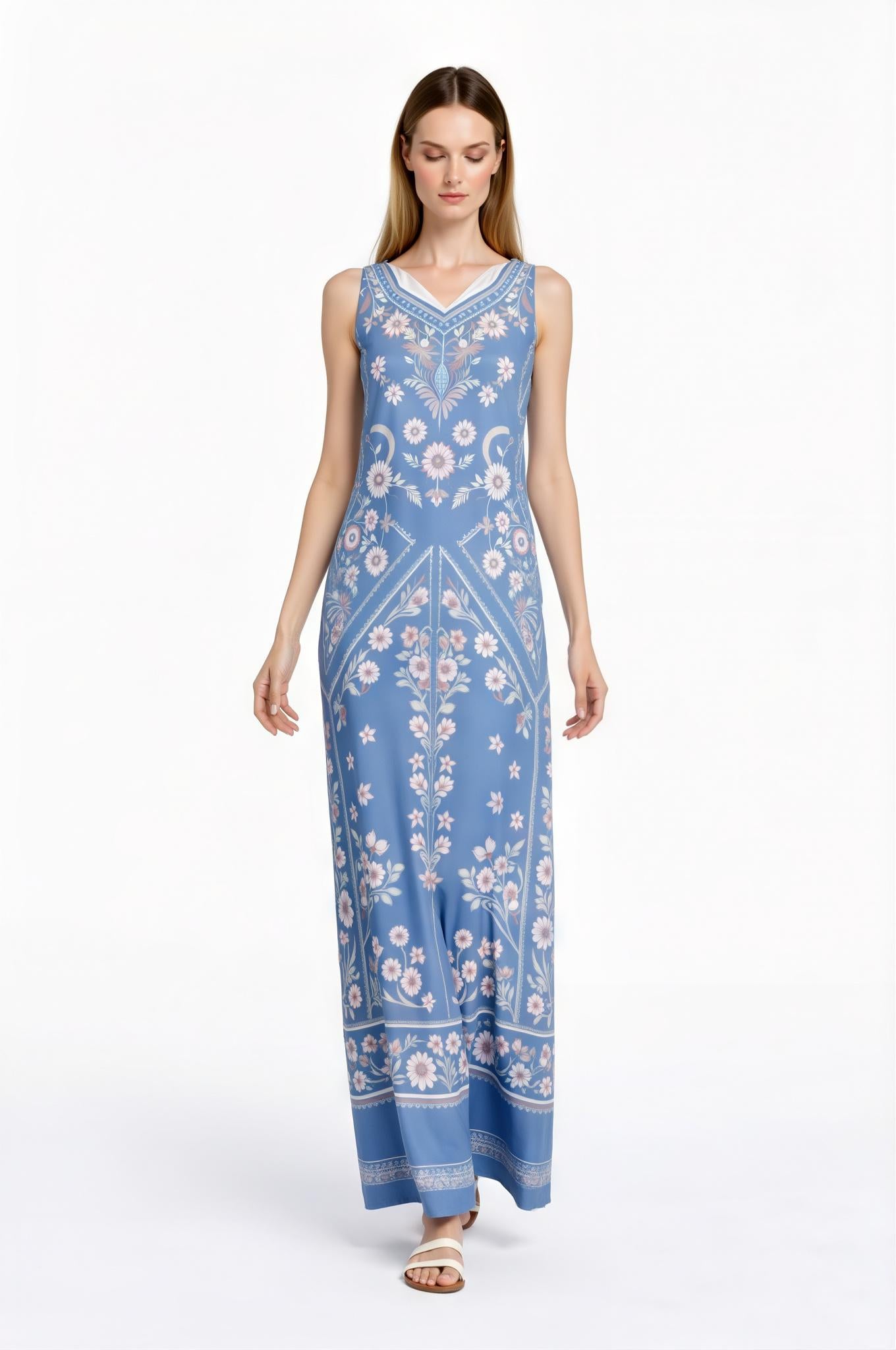 Blue Floral Maxi Dress, Vintage Botanical Print, Sleeveless A-Line with Pockets __etsy:7723290626