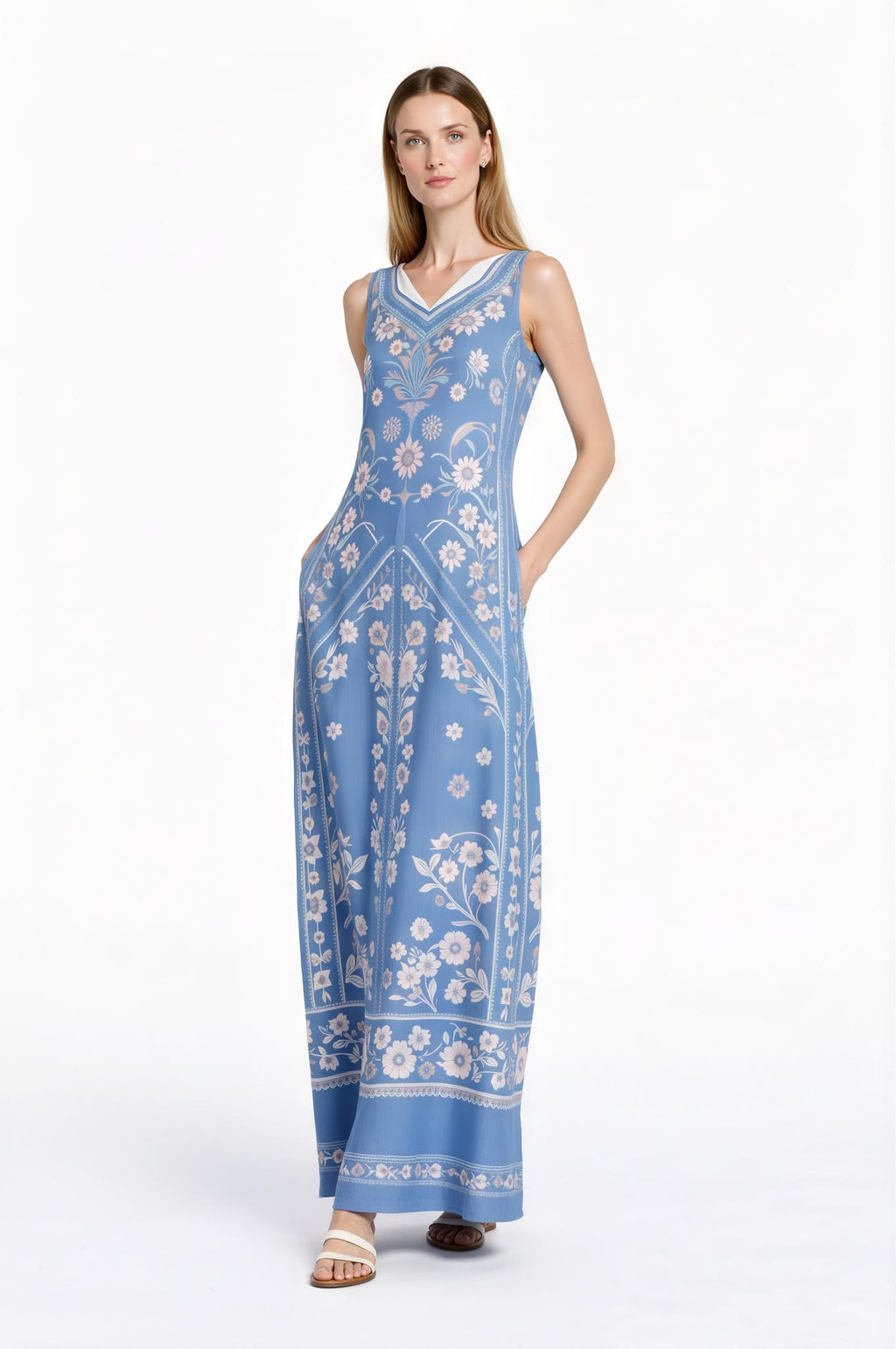 Blue Floral Maxi Dress, Vintage Botanical Print, Sleeveless A-Line with Pockets __etsy:7723290652