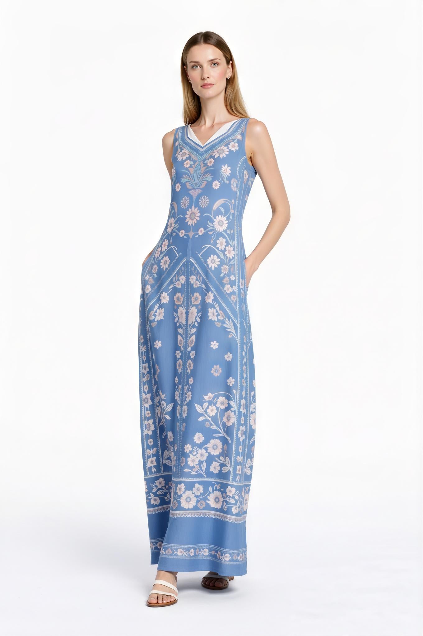 Blue Floral Maxi Dress, Vintage Botanical Print, Sleeveless A-Line with Pockets __etsy:7723290652