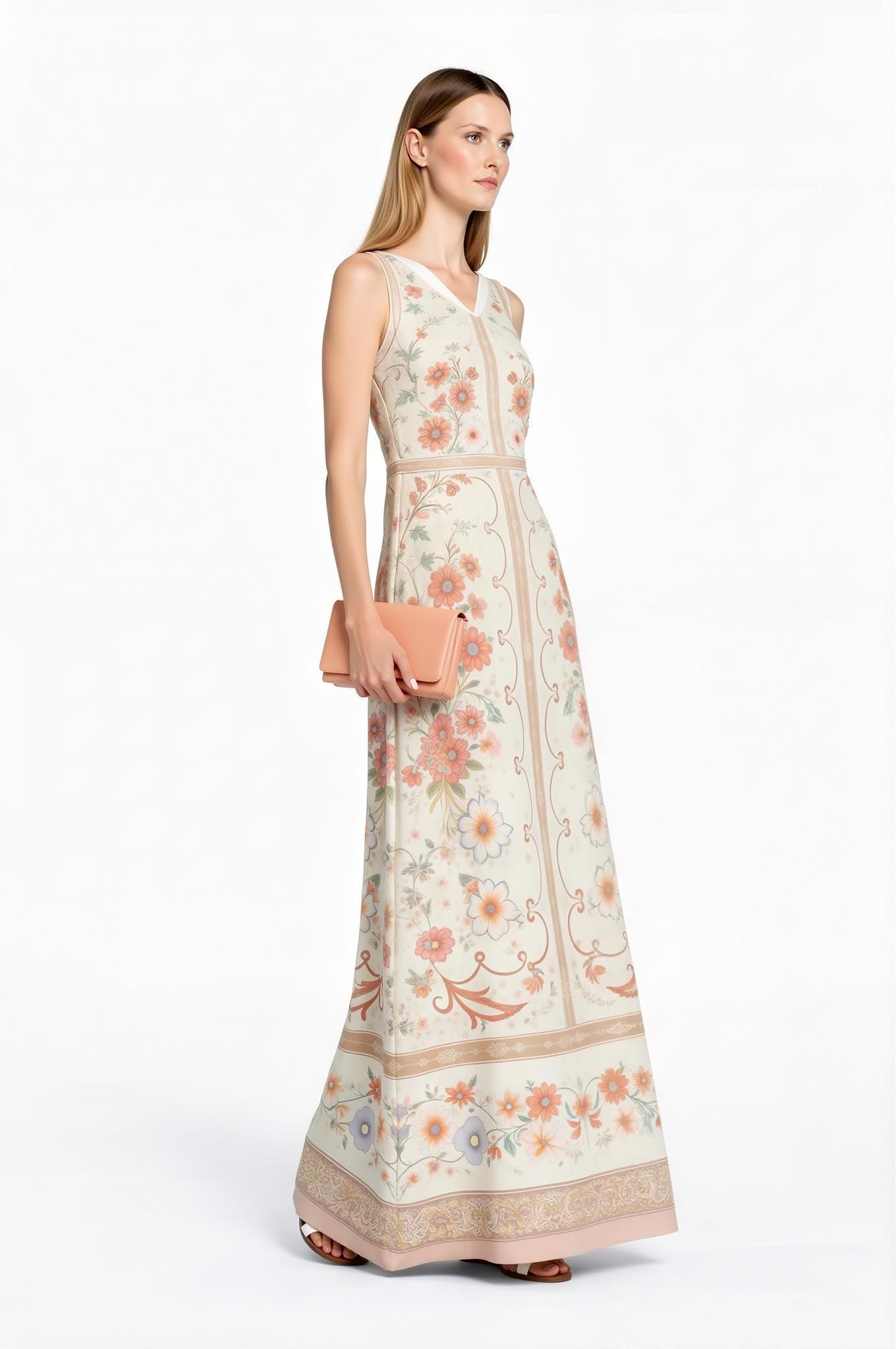 Floral Maxi Dress, Vintage Scarf Print, Sleeveless A-Line with Pockets __etsy:7723396076