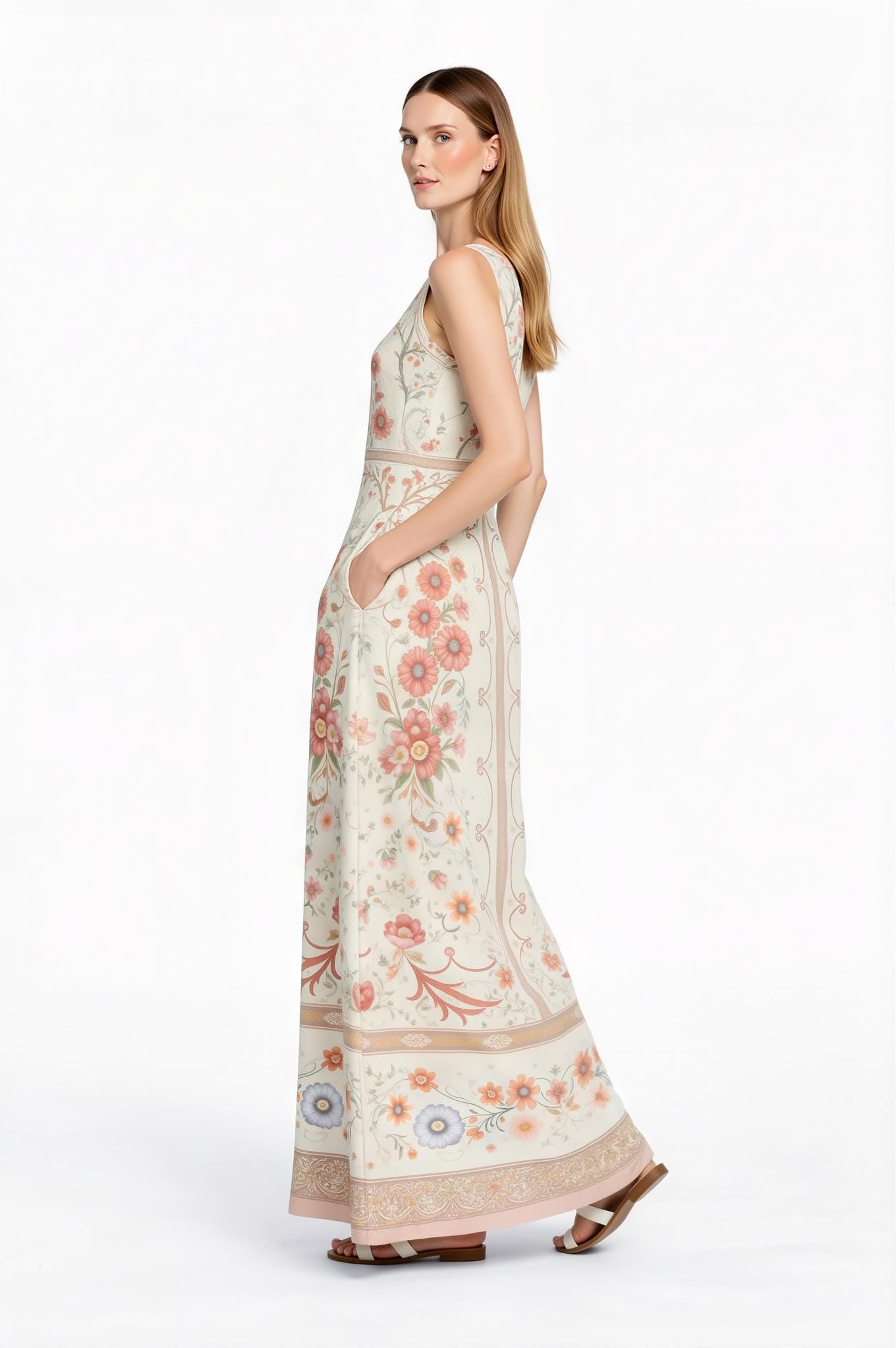 Floral Maxi Dress, Vintage Scarf Print, Sleeveless A-Line with Pockets __etsy:7723396078
