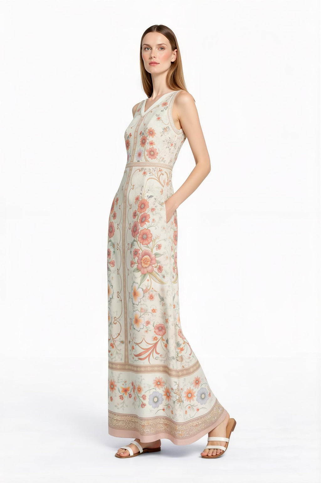 Floral Maxi Dress, Vintage Scarf Print, Sleeveless A-Line with Pockets __etsy:7723396080