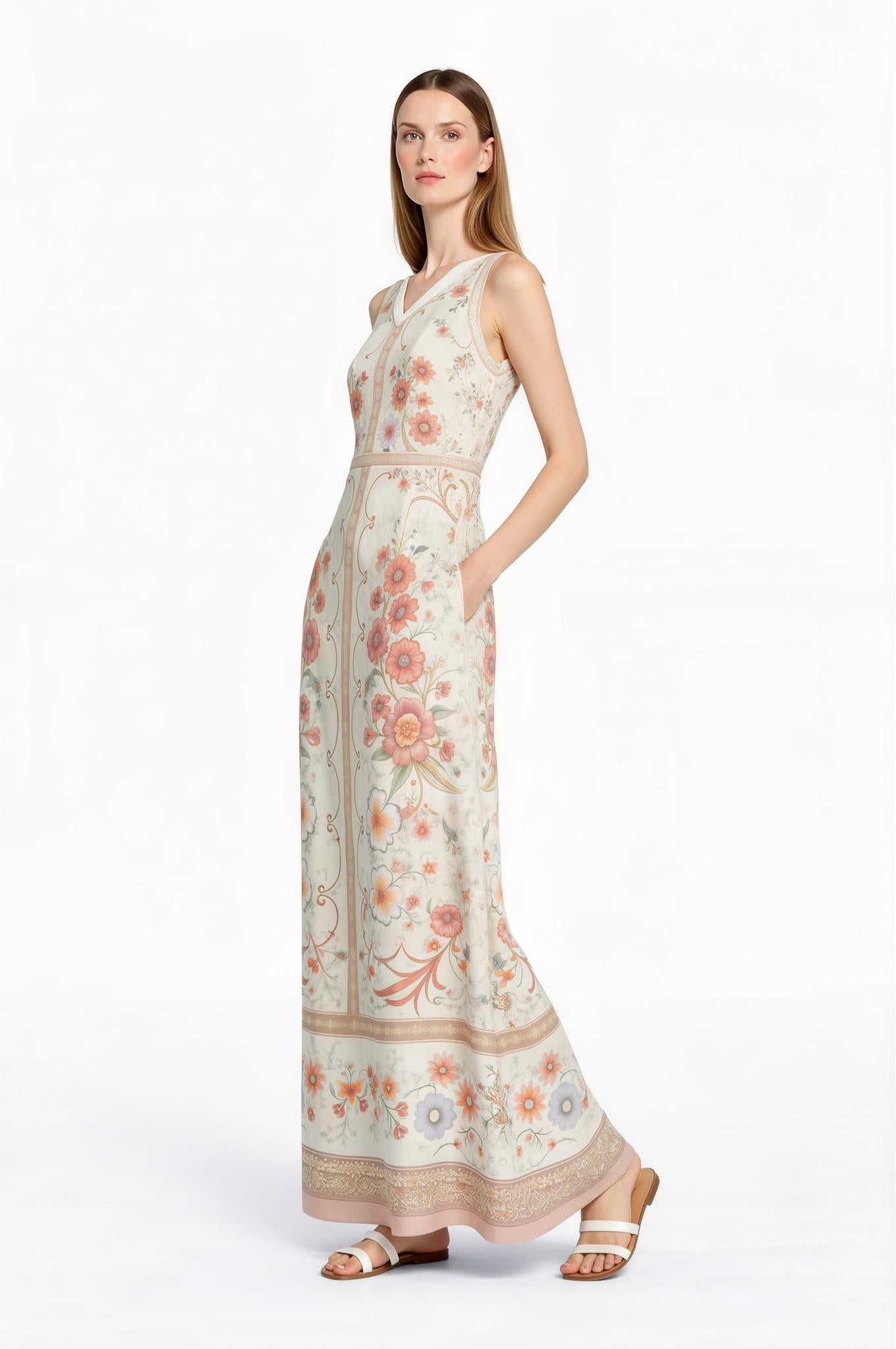 Floral Maxi Dress, Vintage Scarf Print, Sleeveless A-Line with Pockets __etsy:7723396080