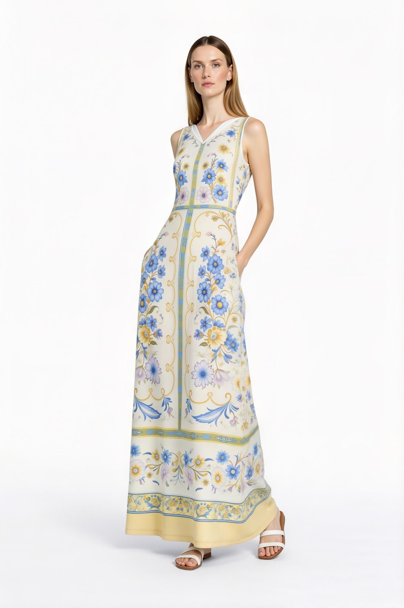 Floral Maxi Dress, Vintage Scarf Print, Sleeveless A-Line with Pockets __etsy:7723396110