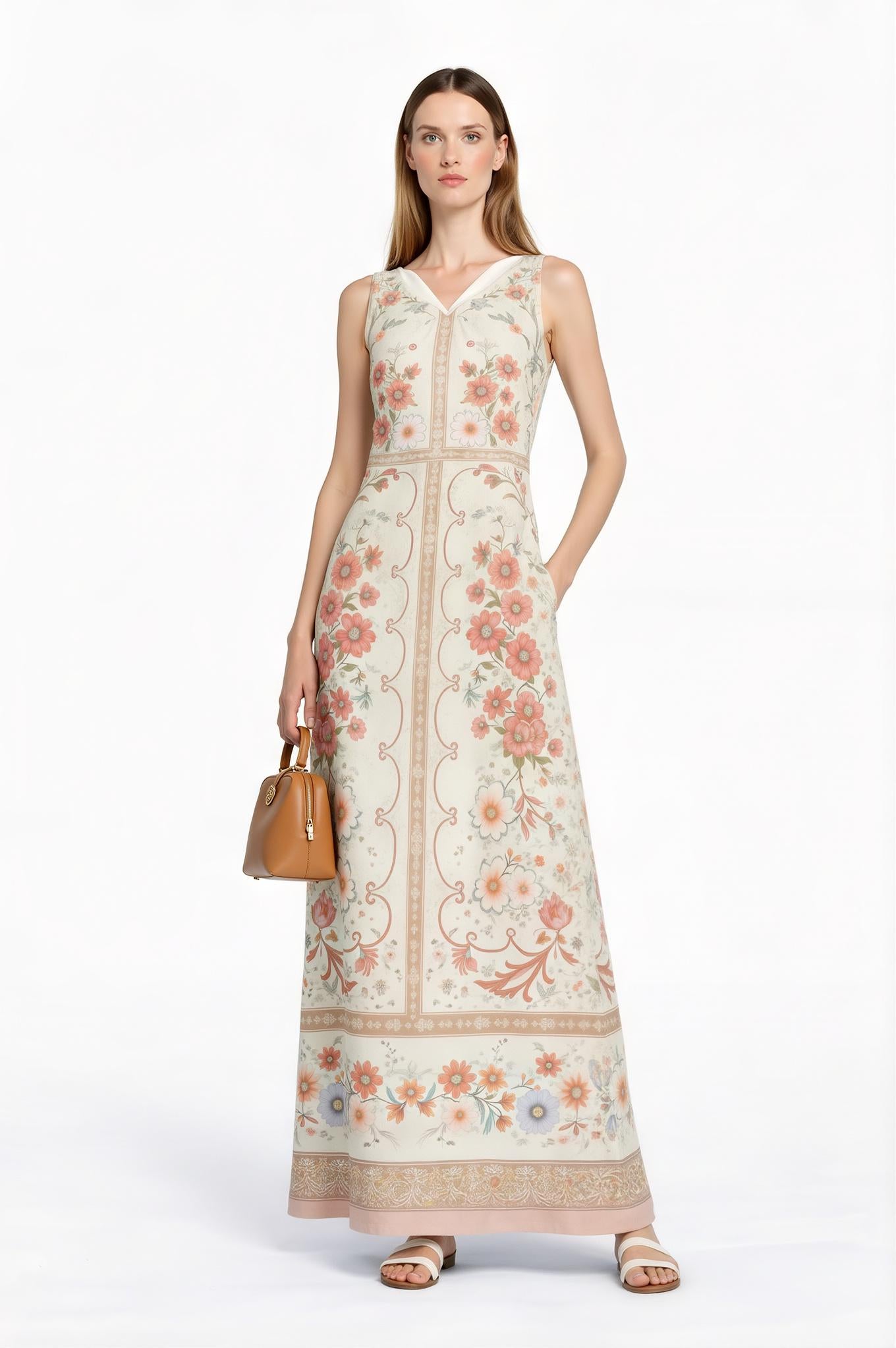 Floral Maxi Dress, Vintage Scarf Print, Sleeveless A-Line with Pockets __etsy:7723396114
