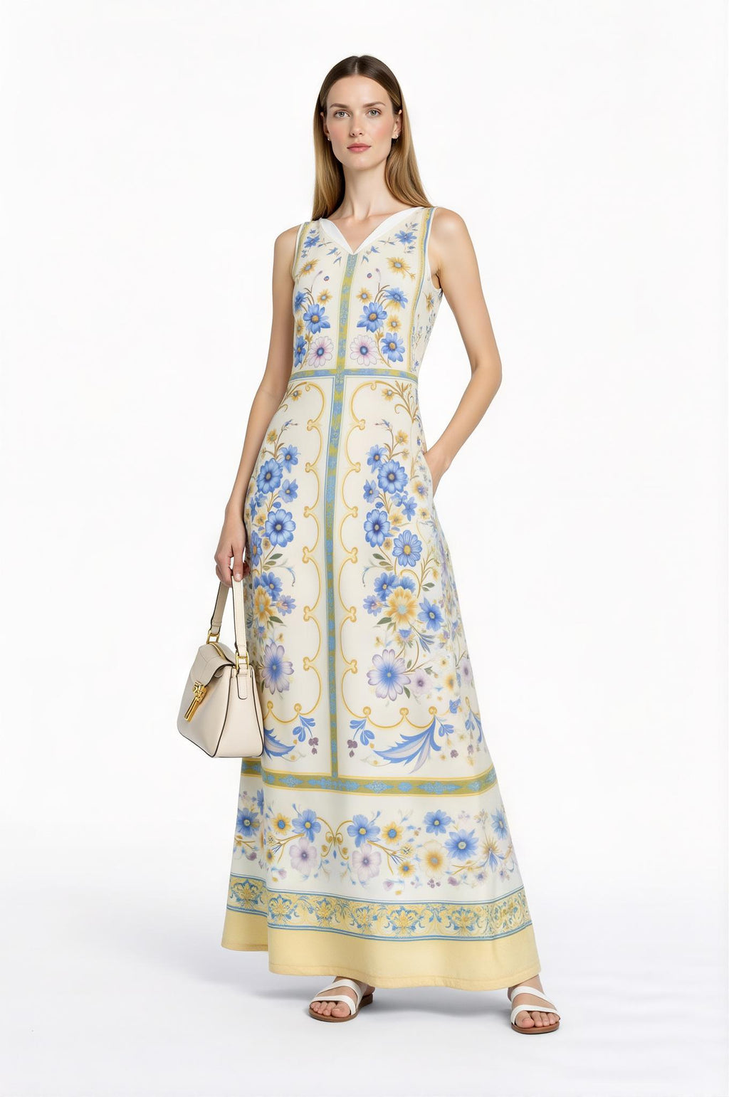 Floral Maxi Dress, Vintage Scarf Print, Sleeveless A-Line with Pockets __etsy:7723396116