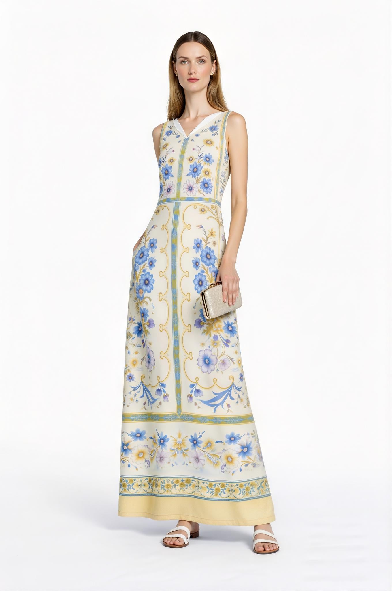 Floral Maxi Dress, Vintage Scarf Print, Sleeveless A-Line with Pockets __etsy:7723396118