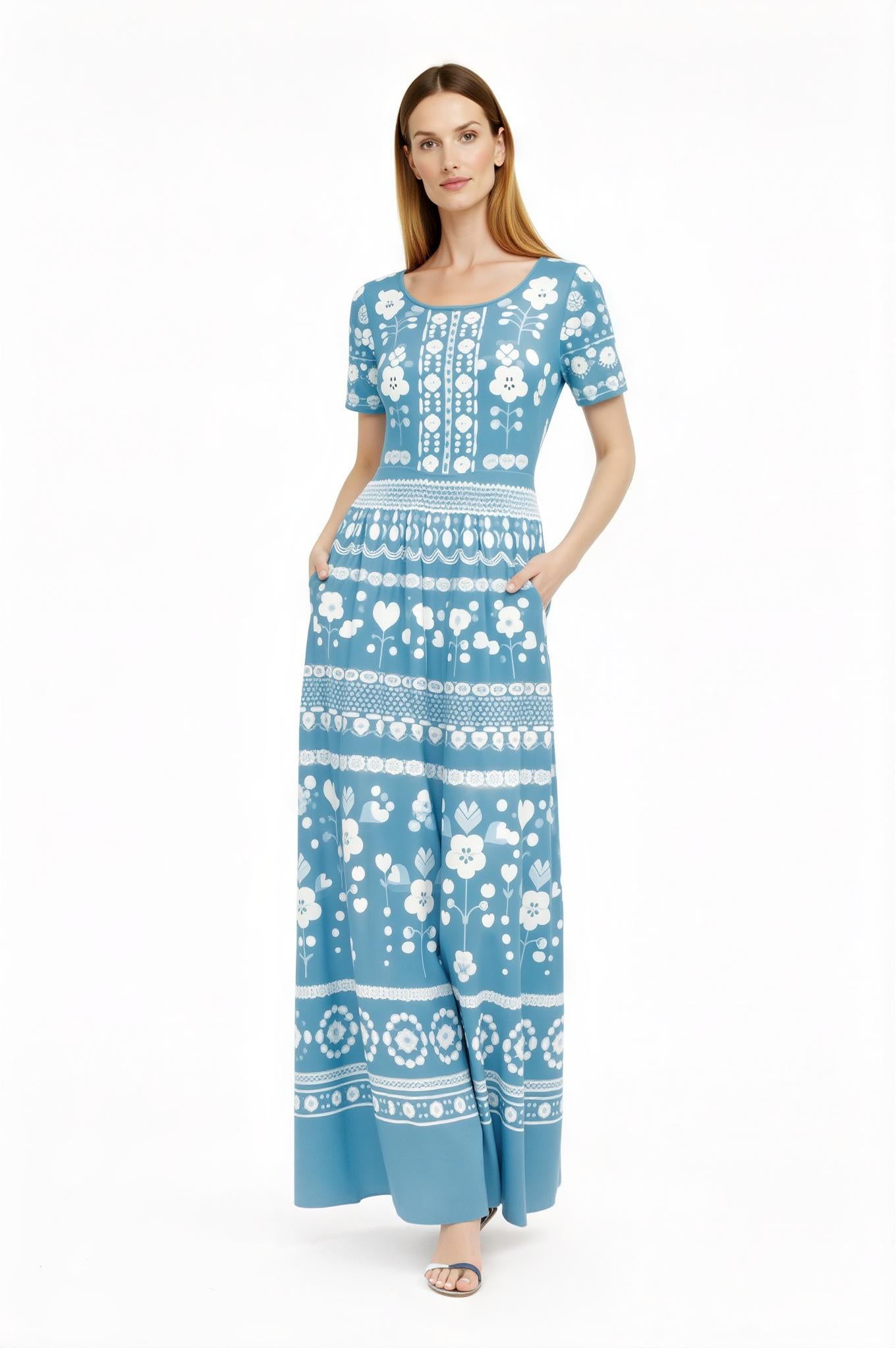 Blue Floral Maxi Dress, Short Sleeve A-Line, Vintage Folk Print, Resort Outfit with Pockets __etsy:7726211316