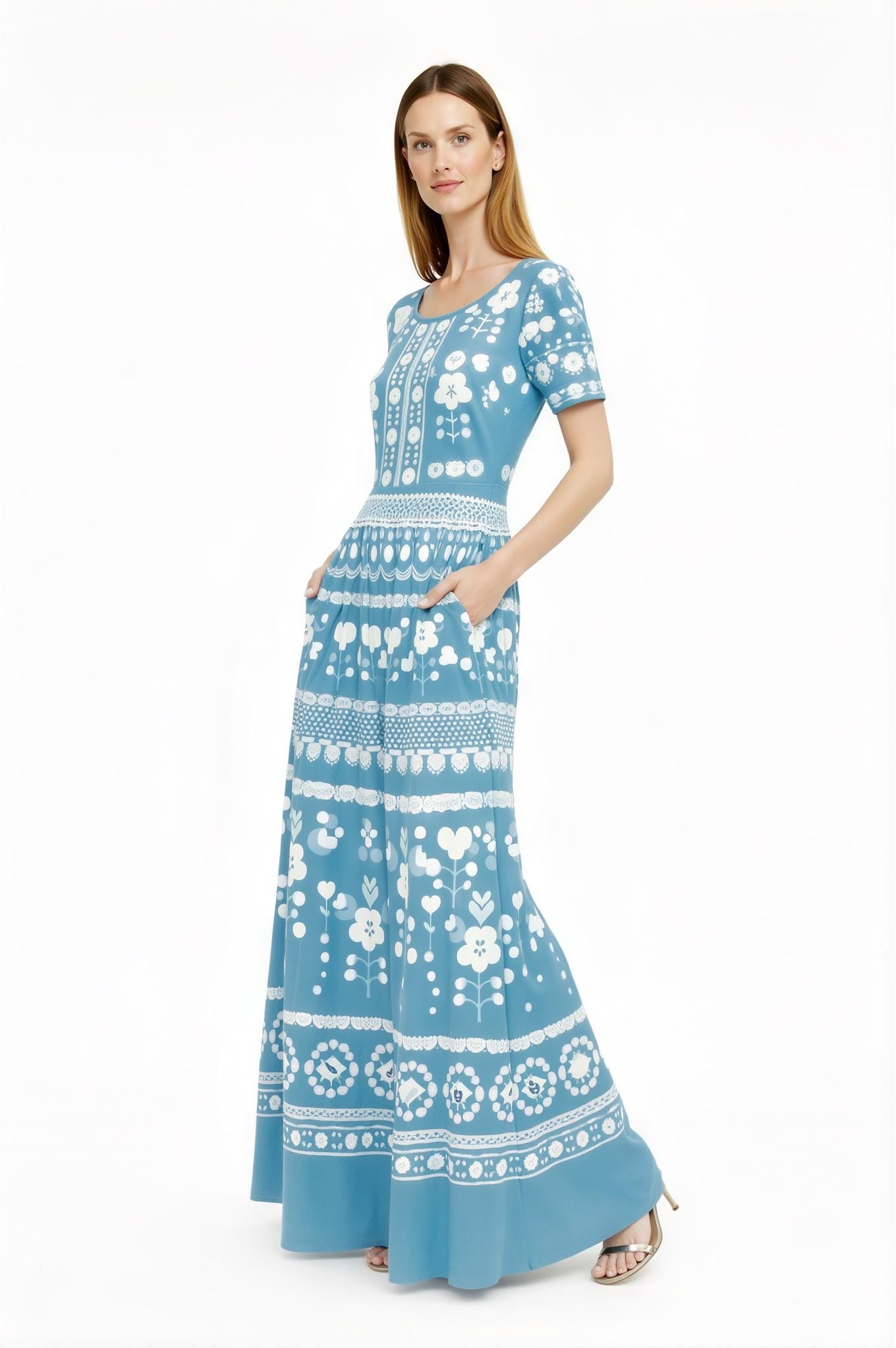 Blue Floral Maxi Dress, Short Sleeve A-Line, Vintage Folk Print, Resort Outfit with Pockets __etsy:7726211322