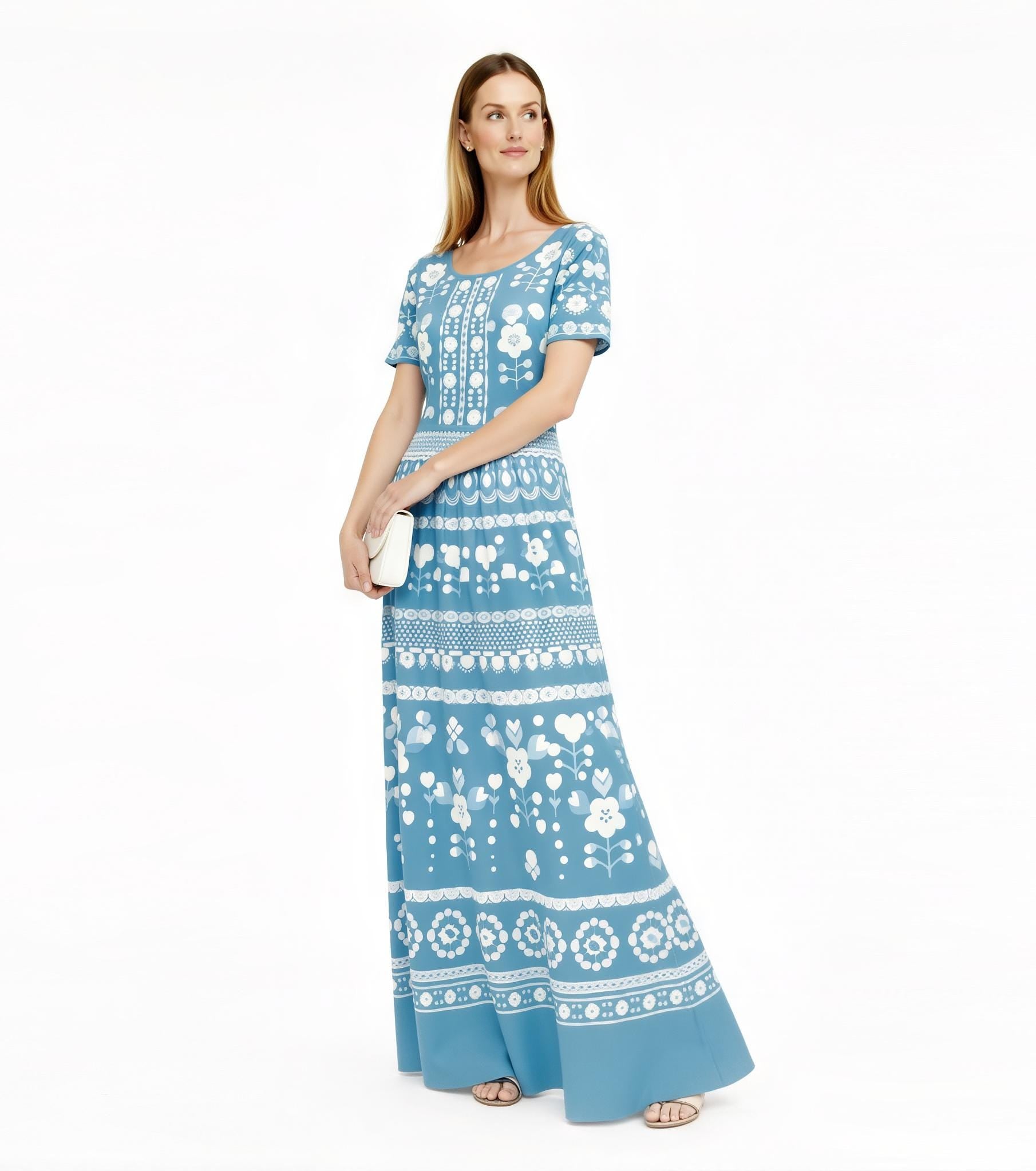 Blue Floral Maxi Dress, Short Sleeve A-Line, Vintage Folk Print, Resort Outfit with Pockets __etsy:7726218612