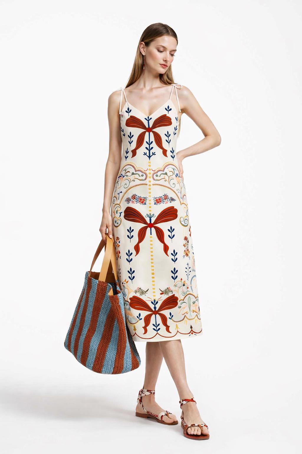 Ivory Ribbon Print Midi Slip Dress with Adjustable Tie Straps Ornamental Floral Design __etsy:7731356949