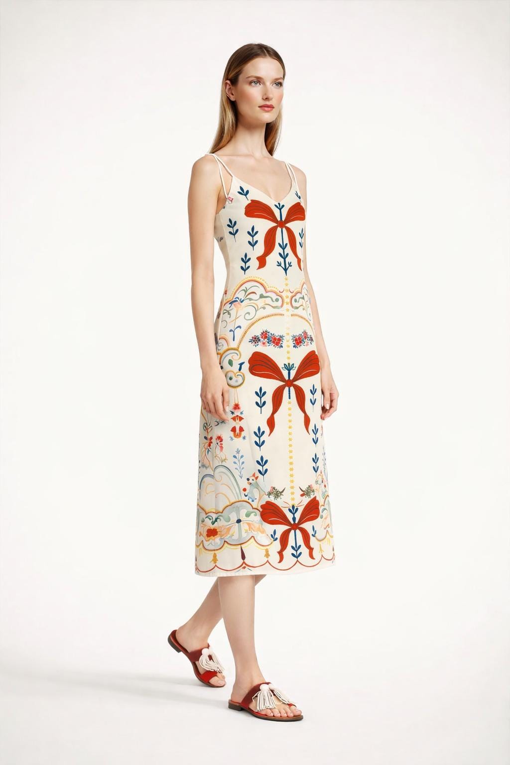 Ivory Ribbon Print Midi Slip Dress with Adjustable Tie Straps Ornamental Floral Design __etsy:7731356957