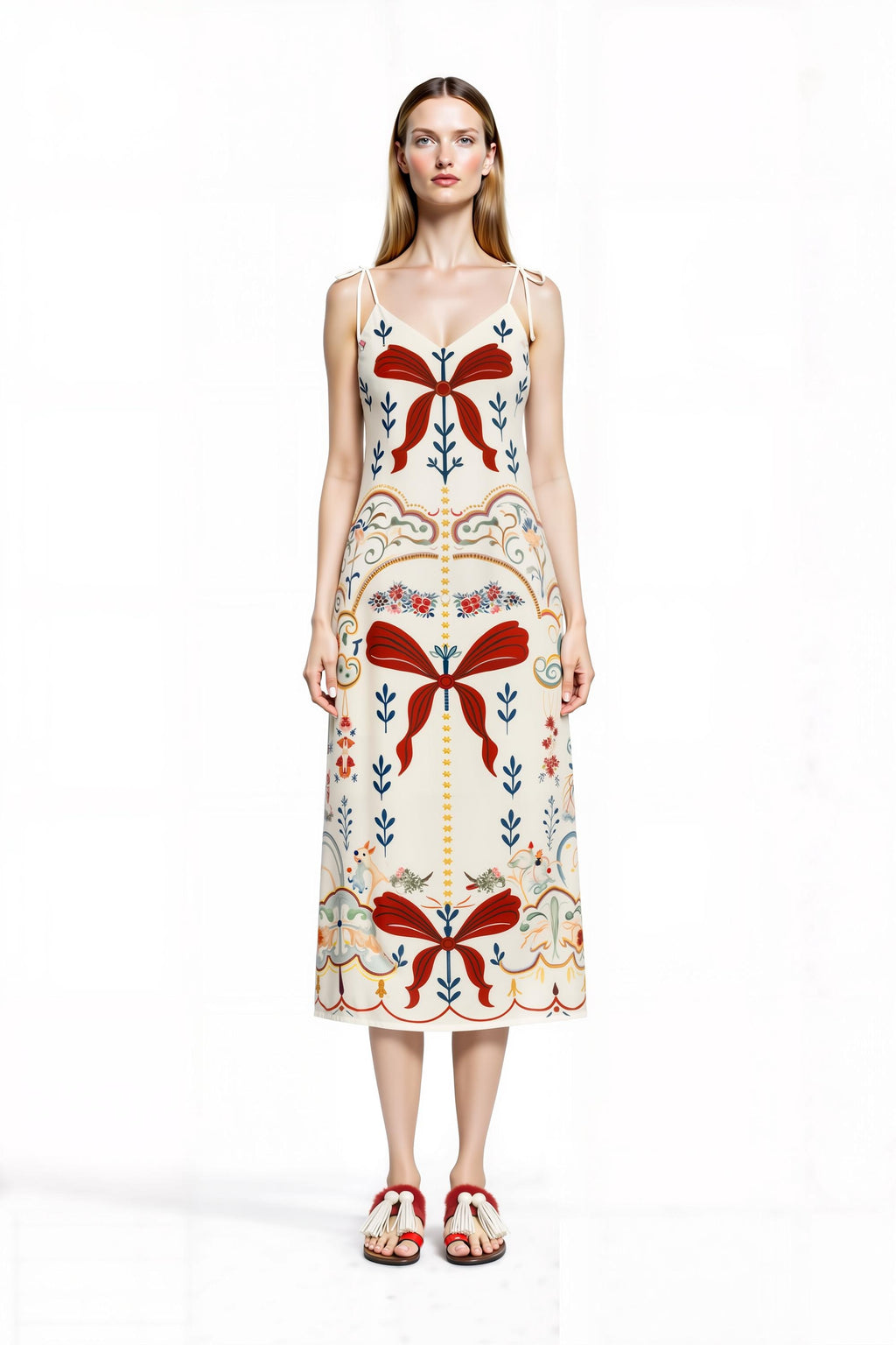 Ivory Ribbon Print Midi Slip Dress with Adjustable Tie Straps Ornamental Floral Design __etsy:7731356965