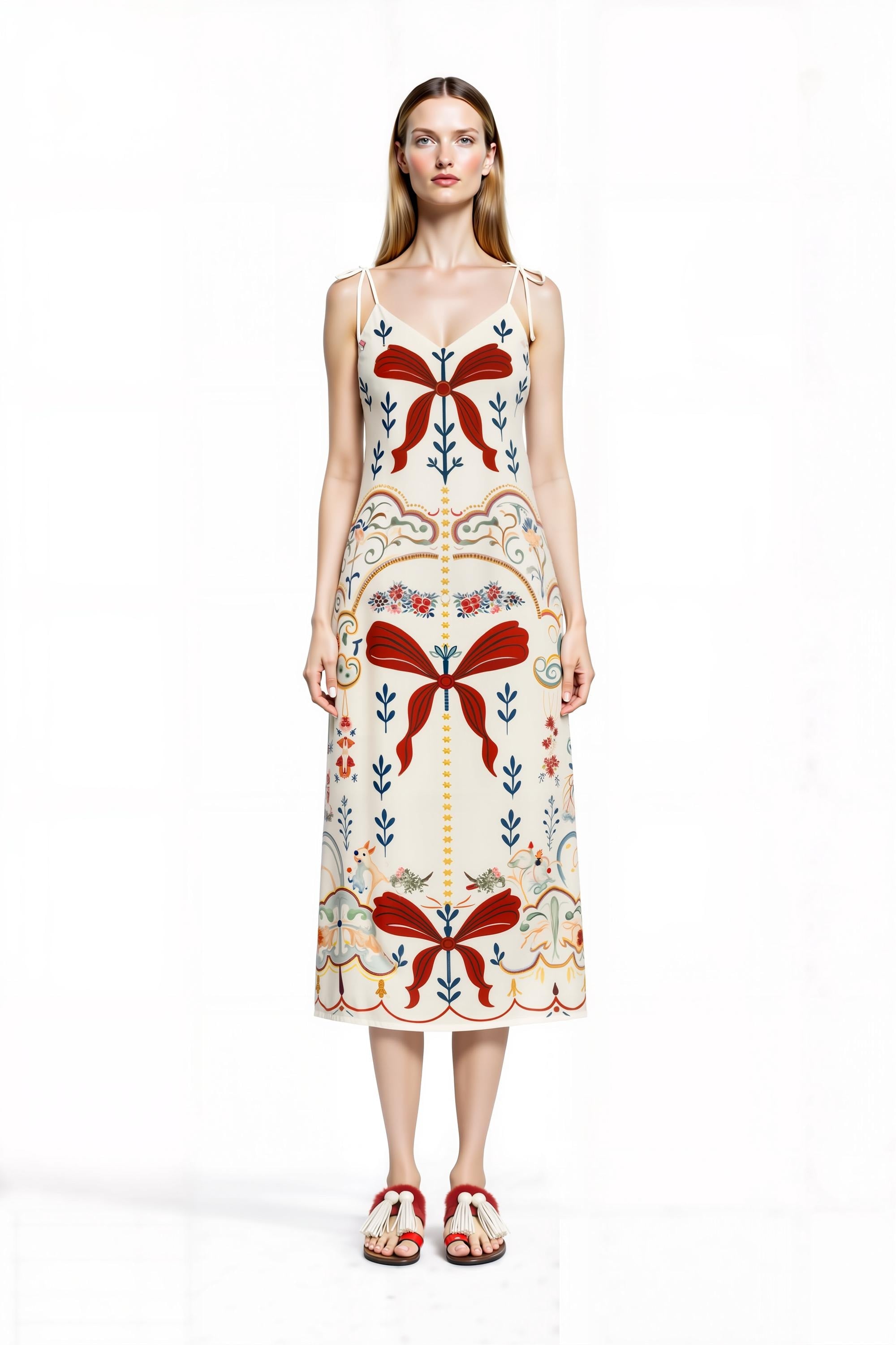 Ivory Ribbon Print Midi Slip Dress with Adjustable Tie Straps Ornamental Floral Design __etsy:7731356965