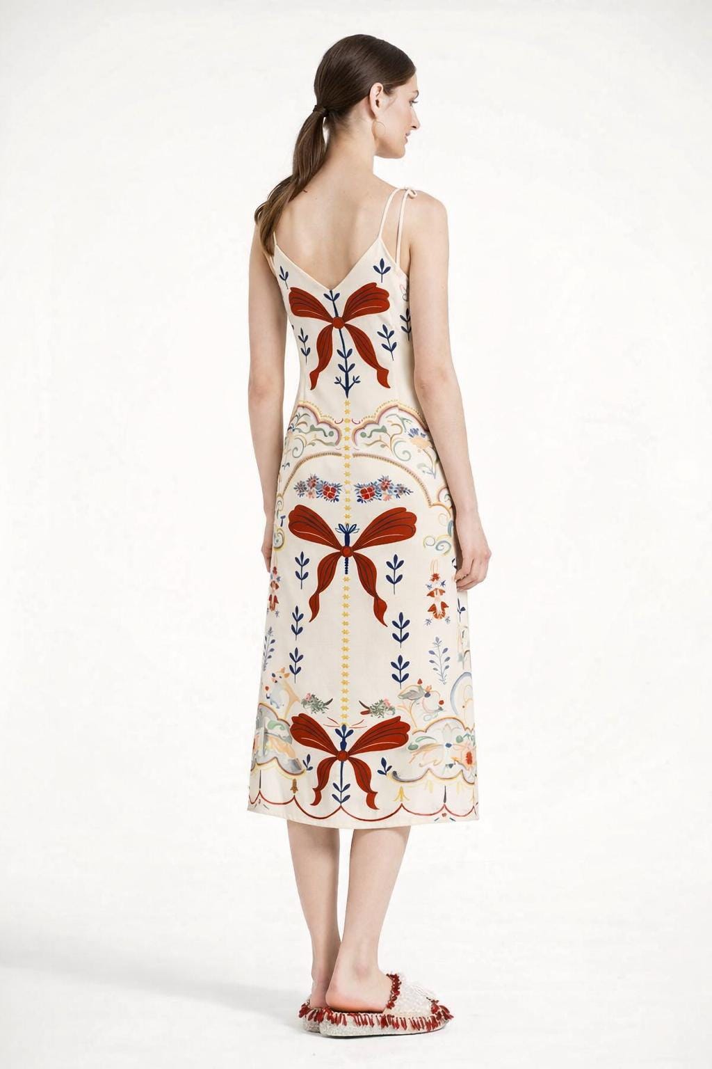 Ivory Ribbon Print Midi Slip Dress with Adjustable Tie Straps Ornamental Floral Design __etsy:7731356969