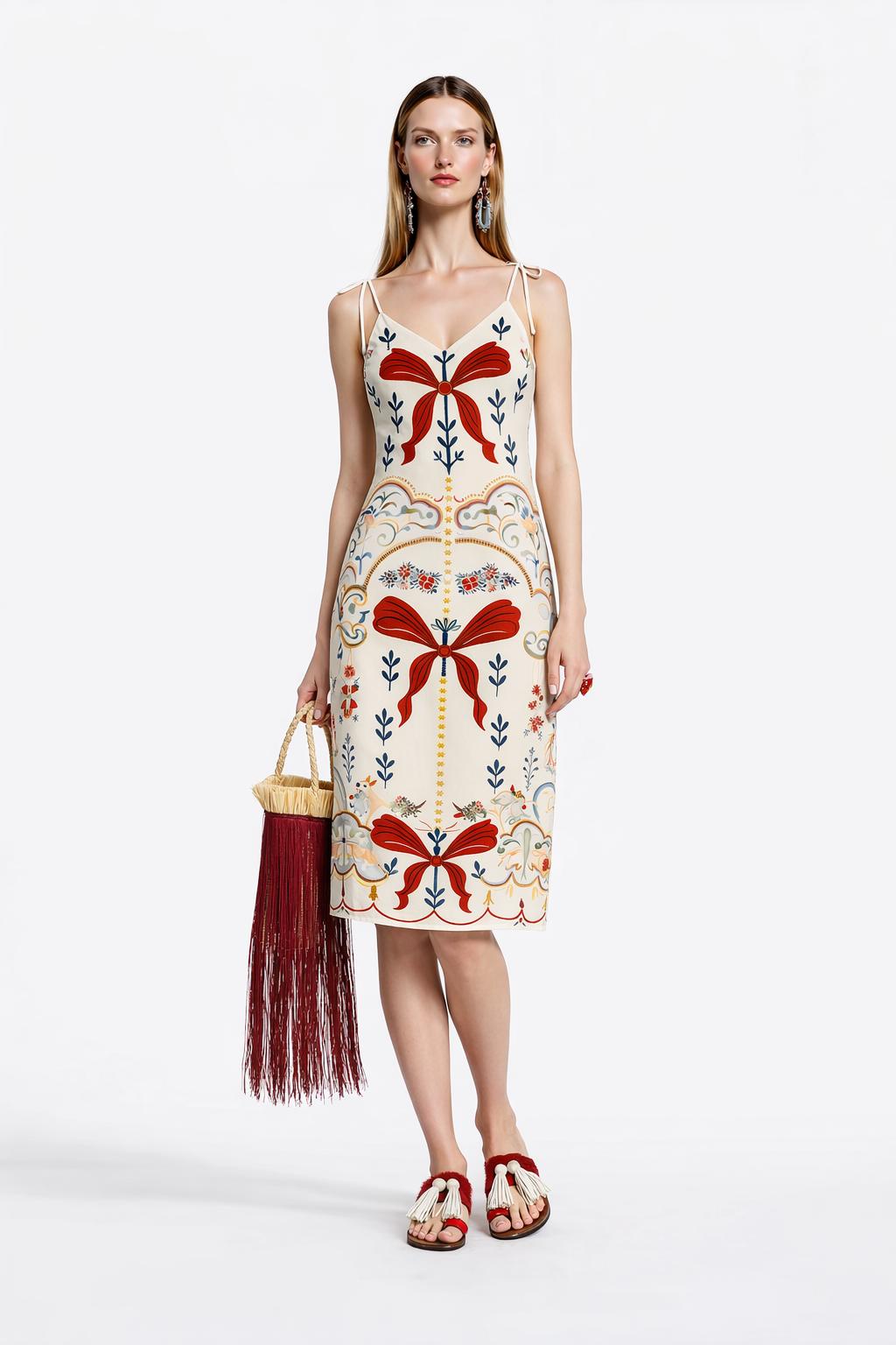 Ivory Ribbon Print Midi Slip Dress with Adjustable Tie Straps Ornamental Floral Design __etsy:7731357059