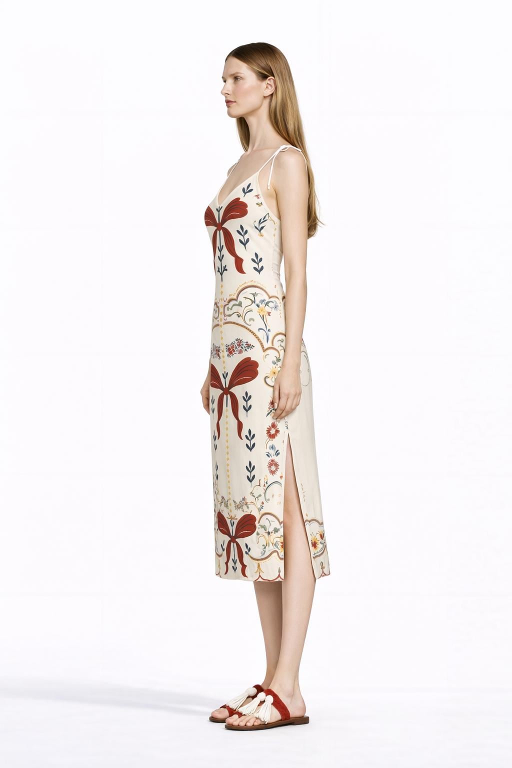 Ivory Ribbon Print Midi Slip Dress with Adjustable Tie Straps Ornamental Floral Design __etsy:7731357061