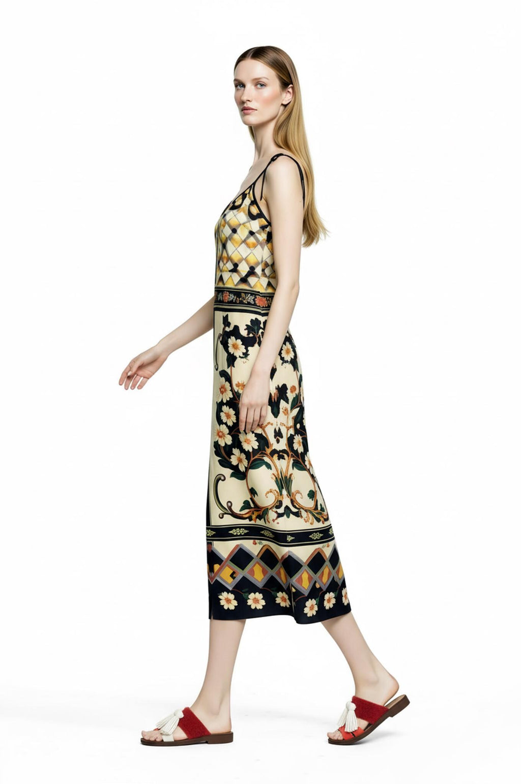 Ivory and Black Floral Midi Slip Dress with Adjustable Tie Straps Ornamental Print __etsy:7735017863