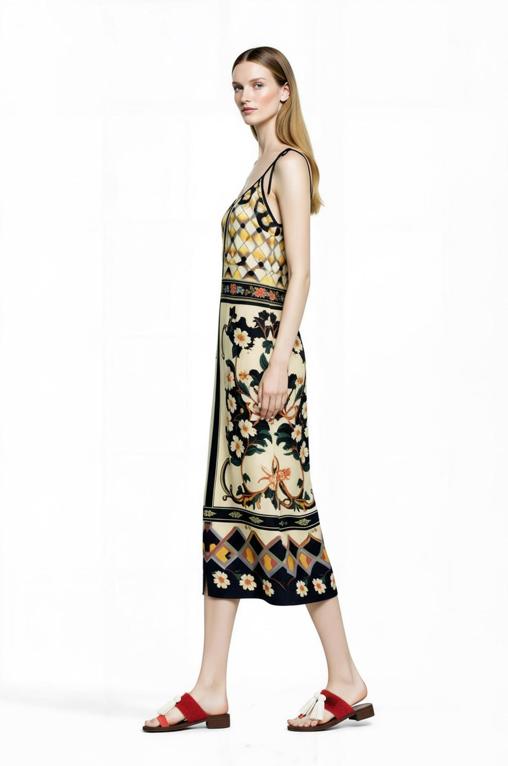 Ivory and Black Floral Midi Slip Dress with Adjustable Tie Straps Ornamental Print __etsy:7735017875