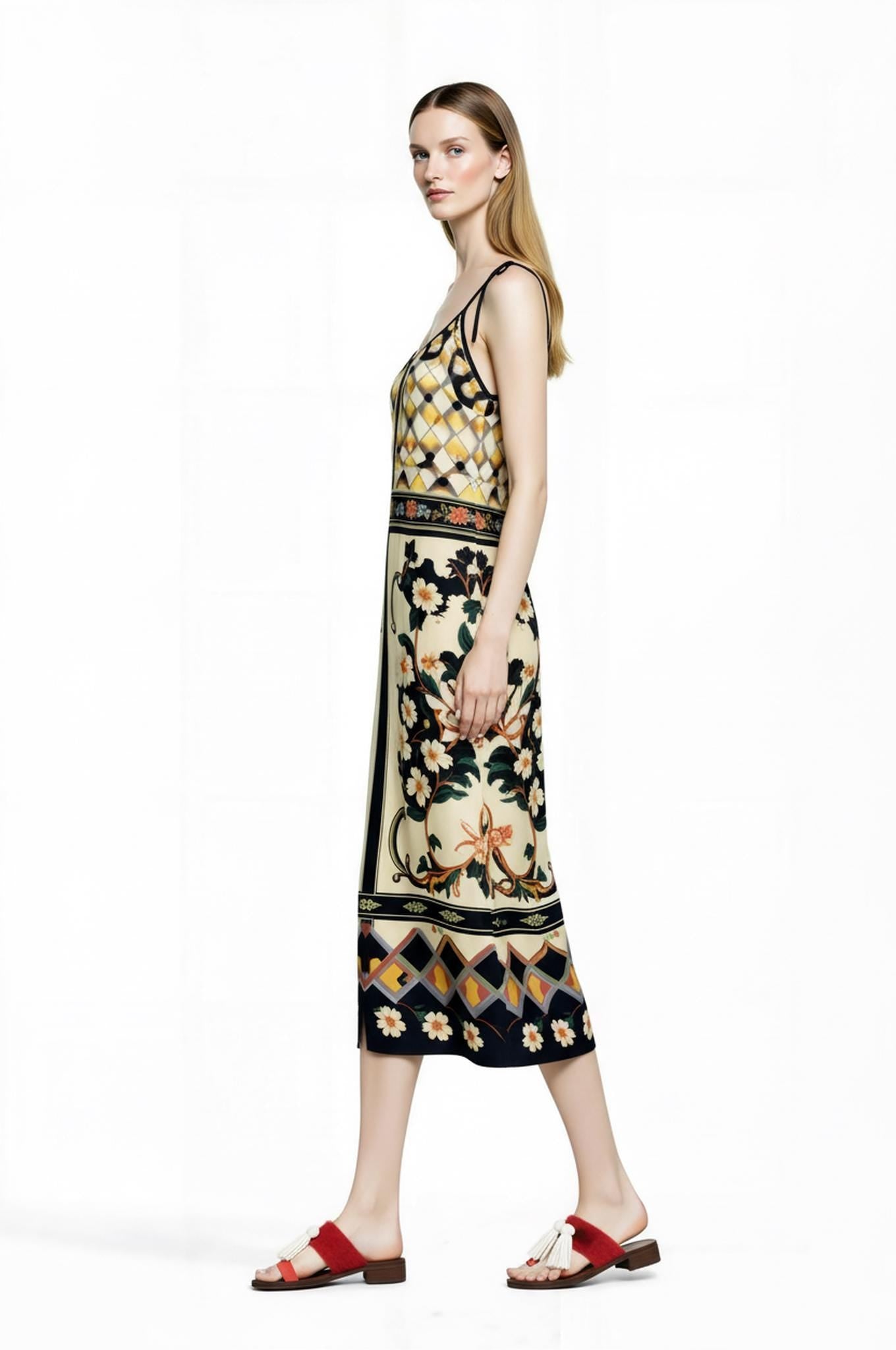 Ivory and Black Floral Midi Slip Dress with Adjustable Tie Straps Ornamental Print __etsy:7735017875