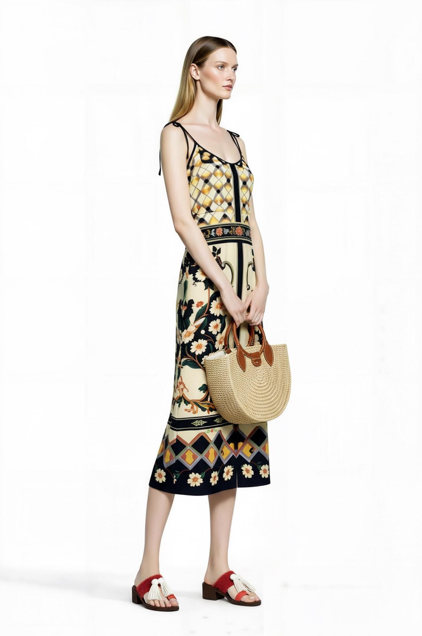 Ivory and Black Floral Midi Slip Dress with Adjustable Tie Straps Ornamental Print __etsy:7735017891