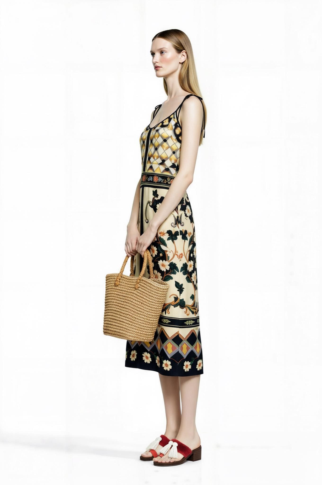 Ivory and Black Floral Midi Slip Dress with Adjustable Tie Straps Ornamental Print __etsy:7735017901