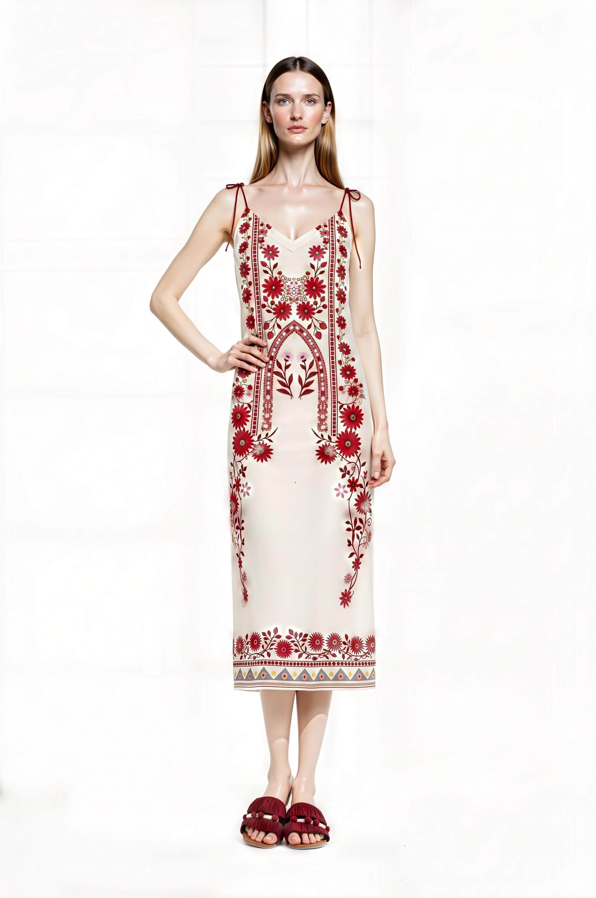 Ivory and Red Floral Midi Slip Dress with Adjustable Tie Straps Ornamental Print __etsy:7735355377