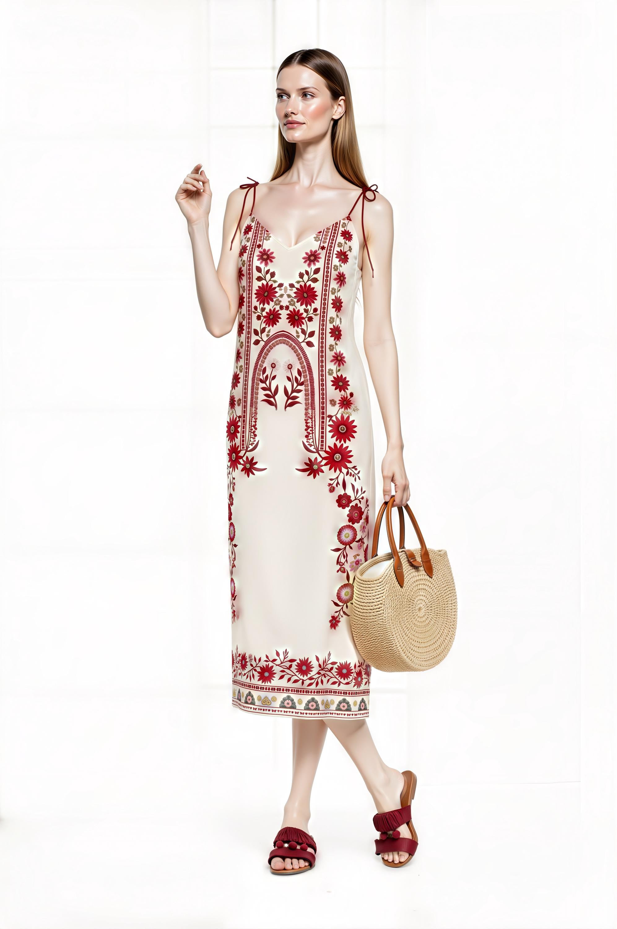 Ivory and Red Floral Midi Slip Dress with Adjustable Tie Straps Ornamental Print __etsy:7735355379