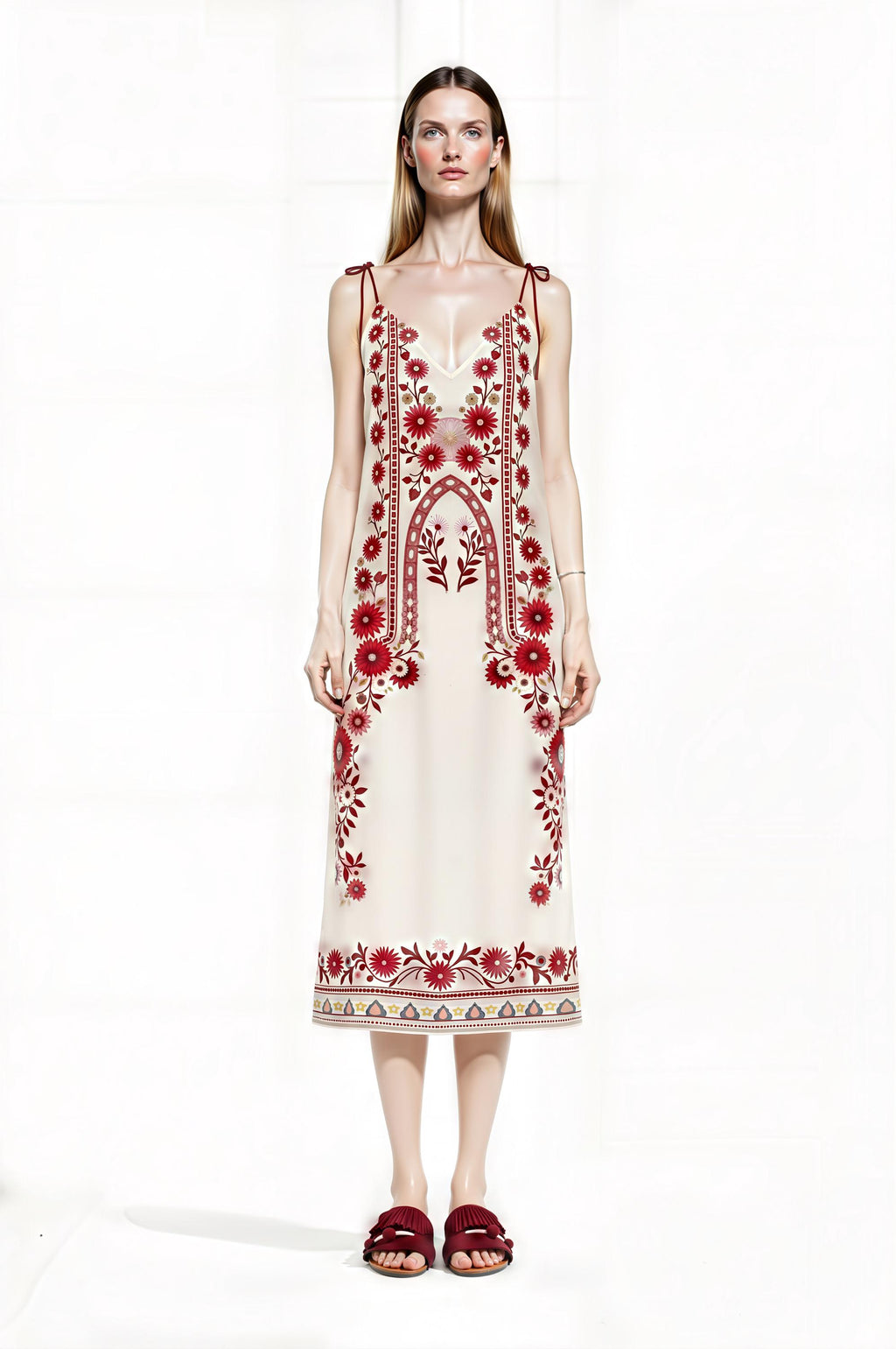 Ivory and Red Floral Midi Slip Dress with Adjustable Tie Straps Ornamental Print __etsy:7735355383