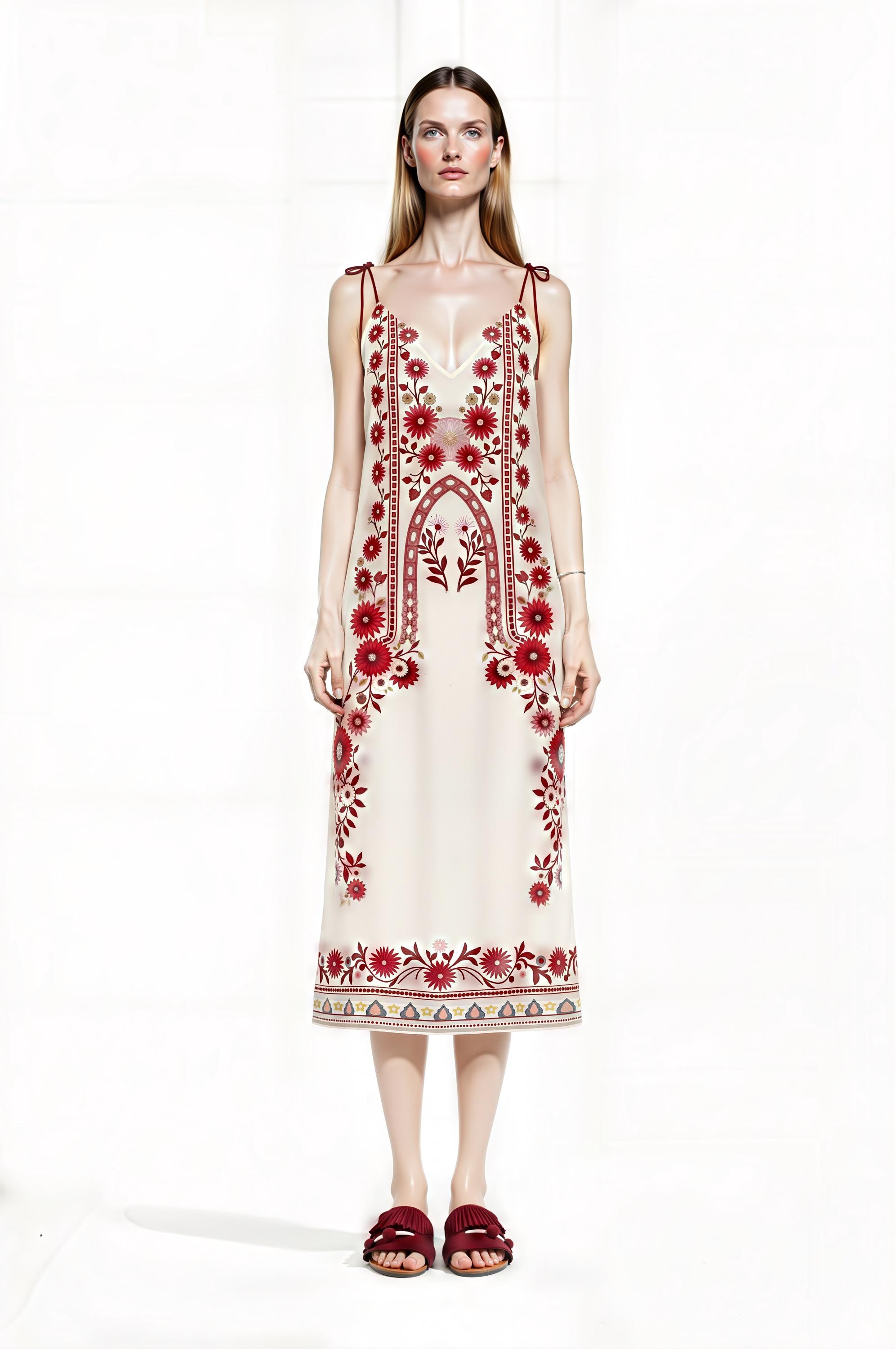 Ivory and Red Floral Midi Slip Dress with Adjustable Tie Straps Ornamental Print __etsy:7735355383