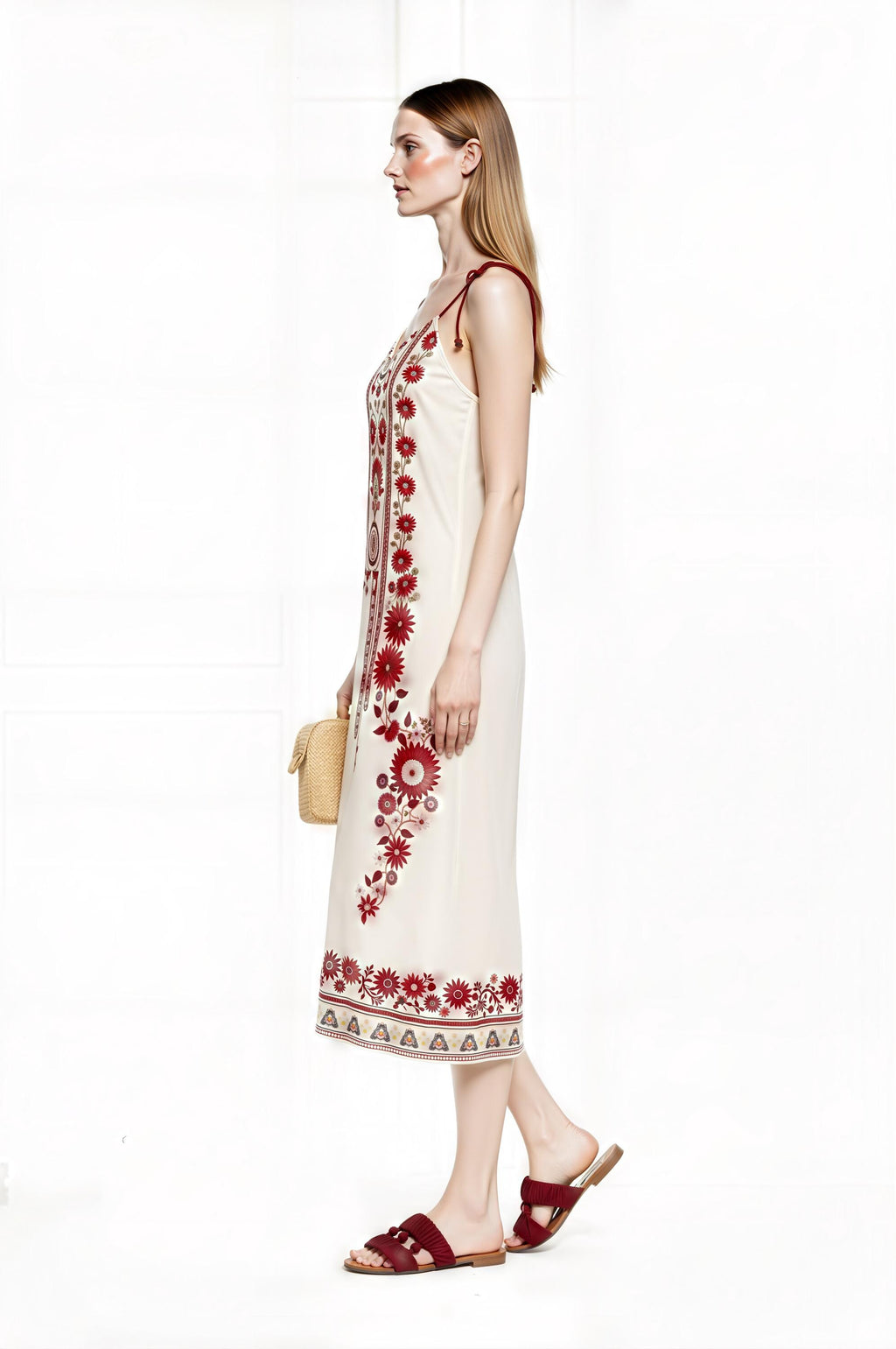 Ivory and Red Floral Midi Slip Dress with Adjustable Tie Straps Ornamental Print __etsy:7735355385