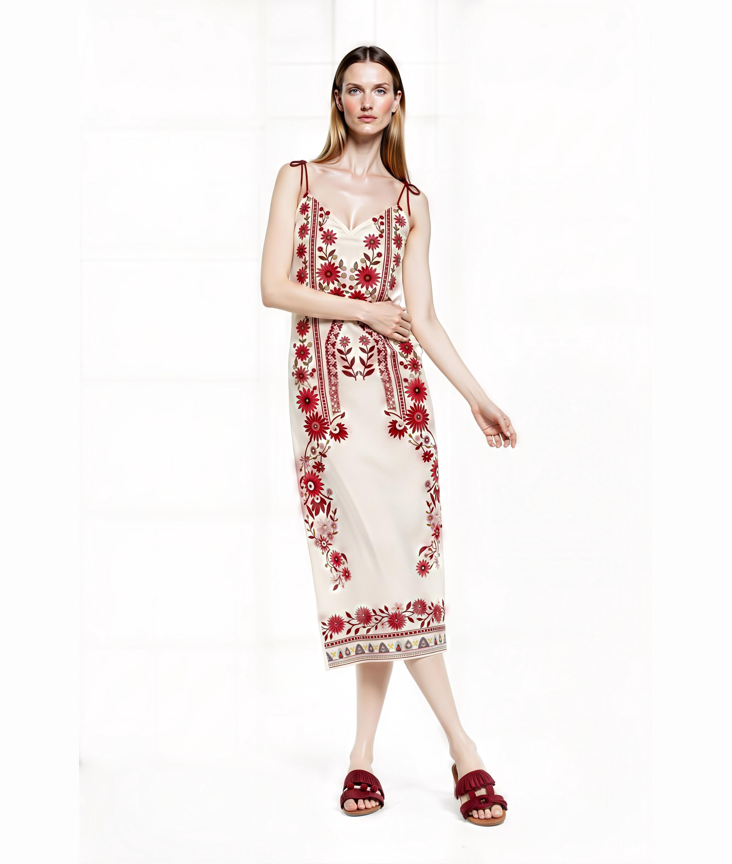 Ivory and Red Floral Midi Slip Dress with Adjustable Tie Straps Ornamental Print __etsy:7735362685